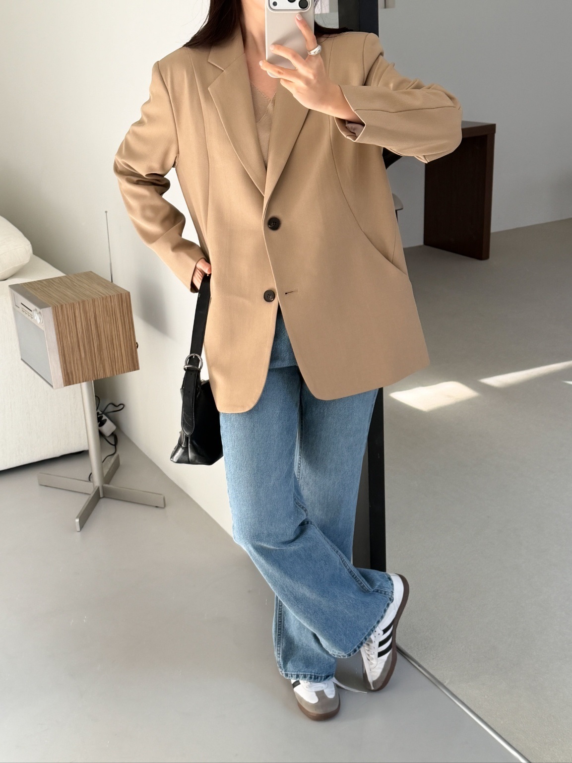 カラーポケット肩パッドラインオーバーサイズボクシー長袖ツーボタンボーイフィット無地ジャケット | 詳細画像12