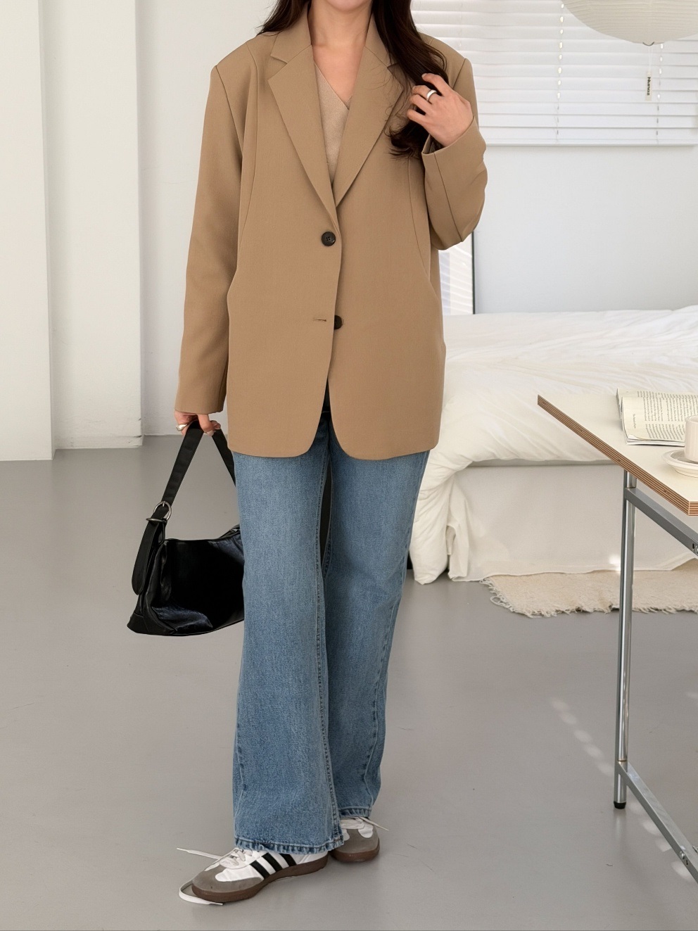 カラーポケット肩パッドラインオーバーサイズボクシー長袖ツーボタンボーイフィット無地ジャケット | 詳細画像13