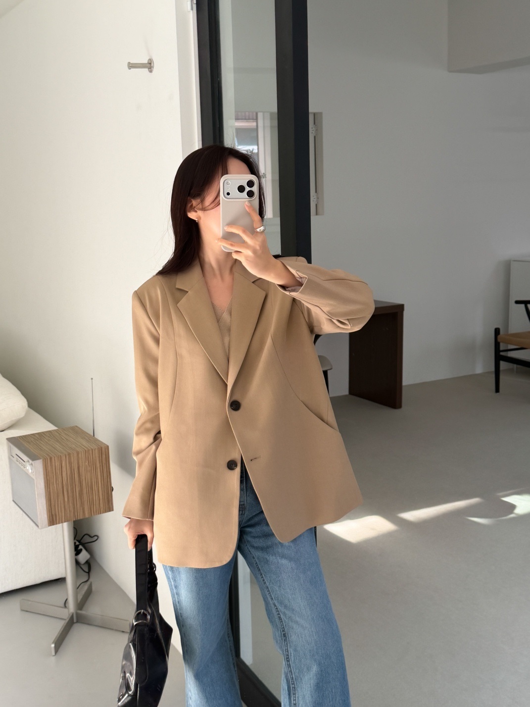 カラーポケット肩パッドラインオーバーサイズボクシー長袖ツーボタンボーイフィット無地ジャケット | 詳細画像14