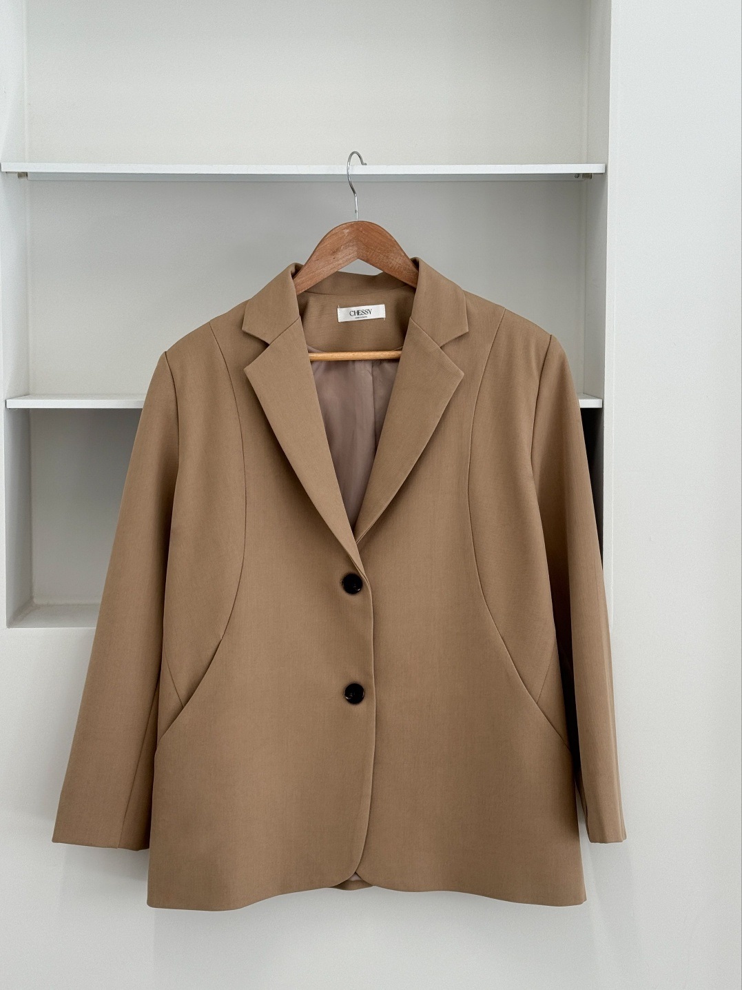 カラーポケット肩パッドラインオーバーサイズボクシー長袖ツーボタンボーイフィット無地ジャケット | 詳細画像23