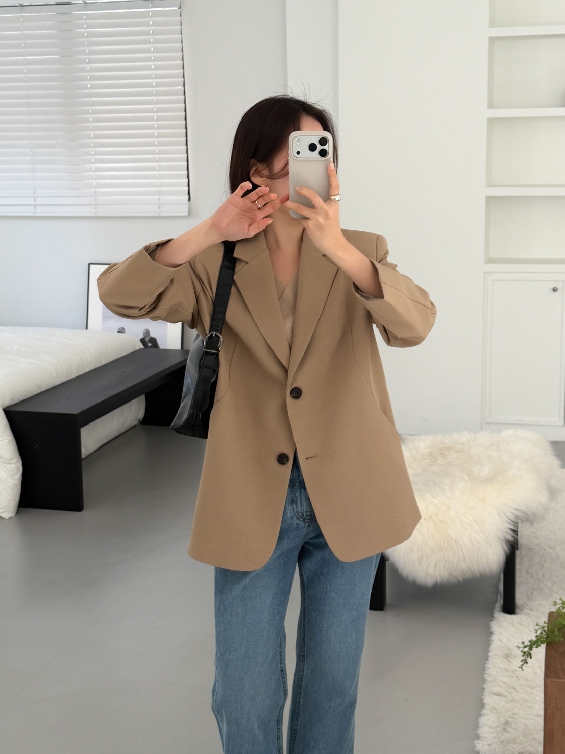 カラーポケット肩パッドラインオーバーサイズボクシー長袖ツーボタンボーイフィット無地ジャケット | 詳細画像15