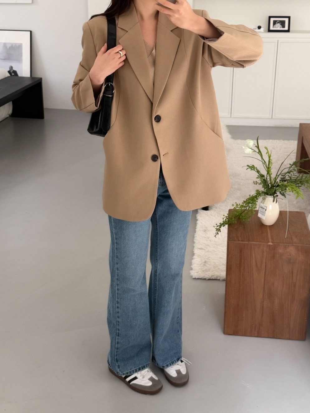 カラーポケット肩パッドラインオーバーサイズボクシー長袖ツーボタンボーイフィット無地ジャケット | 詳細画像17