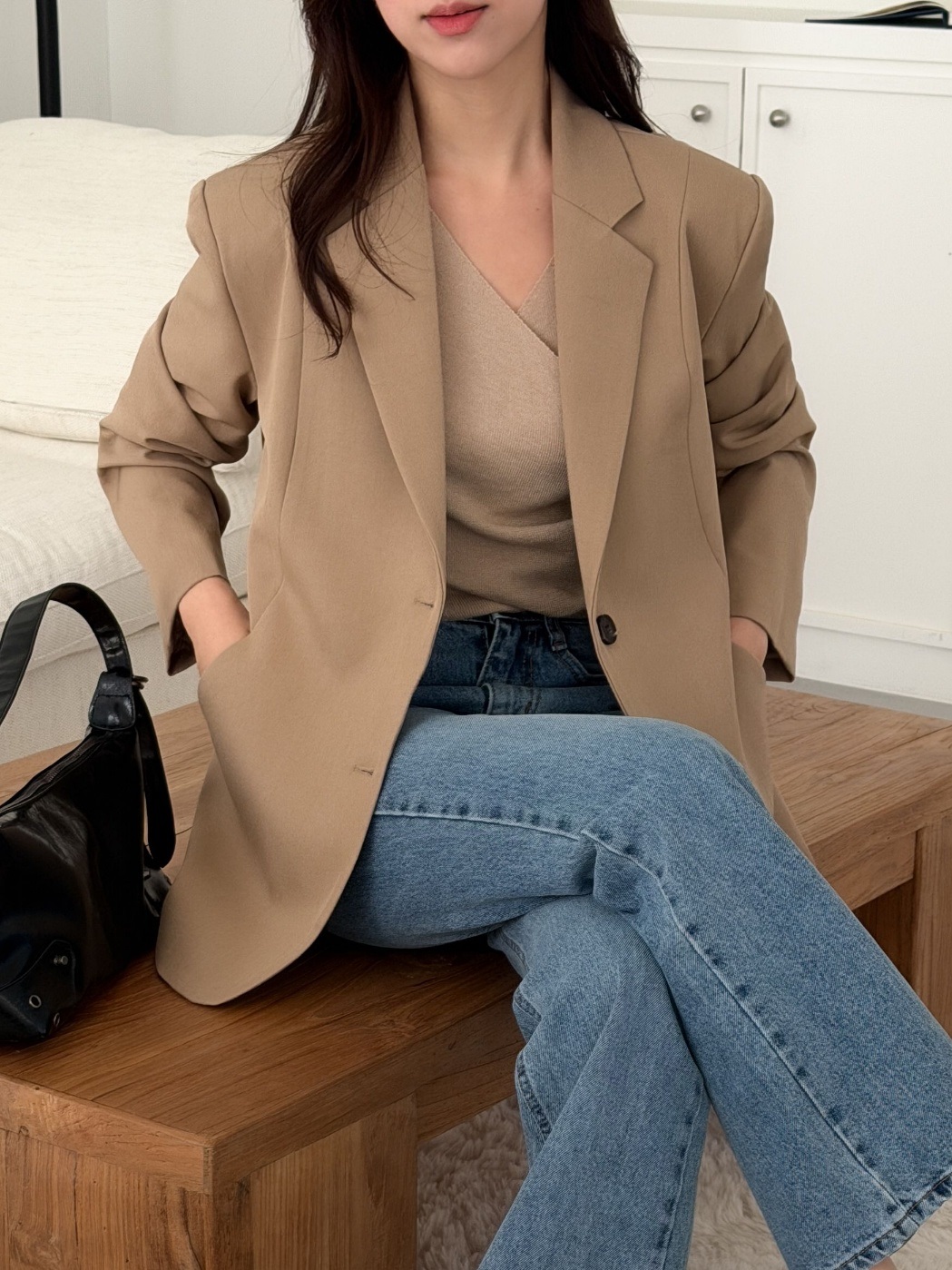 カラーポケット肩パッドラインオーバーサイズボクシー長袖ツーボタンボーイフィット無地ジャケット | 詳細画像18