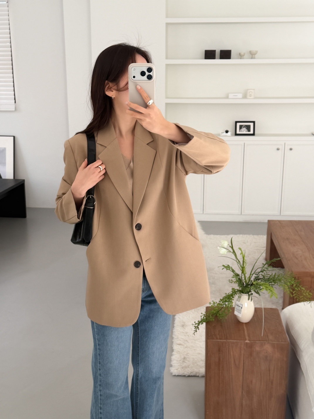 カラーポケット肩パッドラインオーバーサイズボクシー長袖ツーボタンボーイフィット無地ジャケット | 詳細画像21