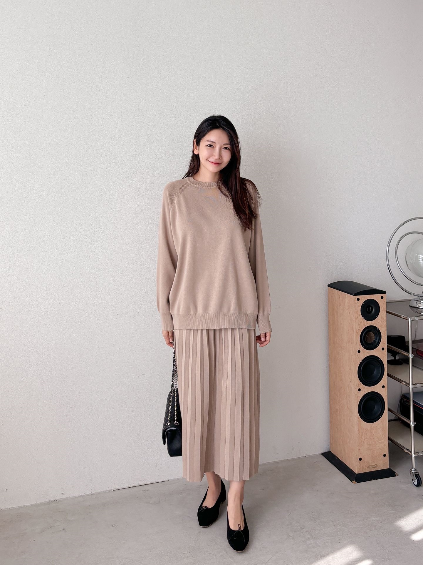 ラウンドネックプリーツウエストゴムラグランオーバーサイズロングルーズ長袖無地ツーピース(トップス、ボトムス)スカートニット | 詳細画像2