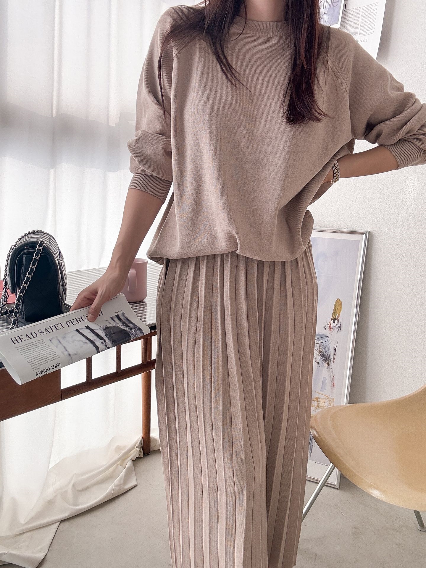 ラウンドネックプリーツウエストゴムラグランオーバーサイズロングルーズ長袖無地ツーピース(トップス、ボトムス)スカートニット | 詳細画像5