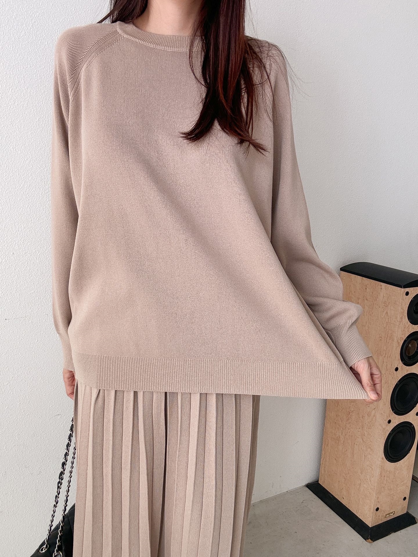 ラウンドネックプリーツウエストゴムラグランオーバーサイズロングルーズ長袖無地ツーピース(トップス、ボトムス)スカートニット | 詳細画像6