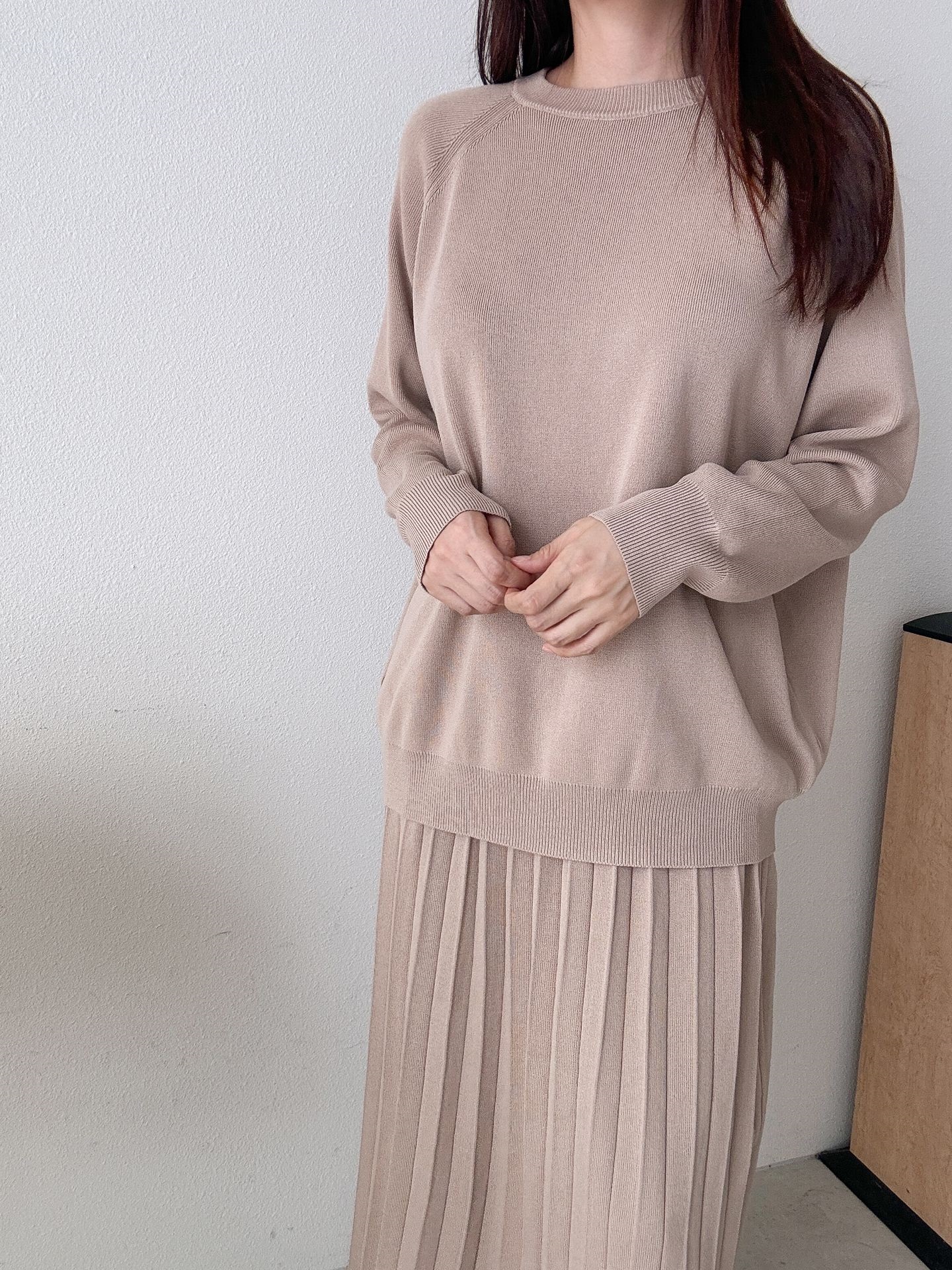 ラウンドネックプリーツウエストゴムラグランオーバーサイズロングルーズ長袖無地ツーピース(トップス、ボトムス)スカートニット | 詳細画像7