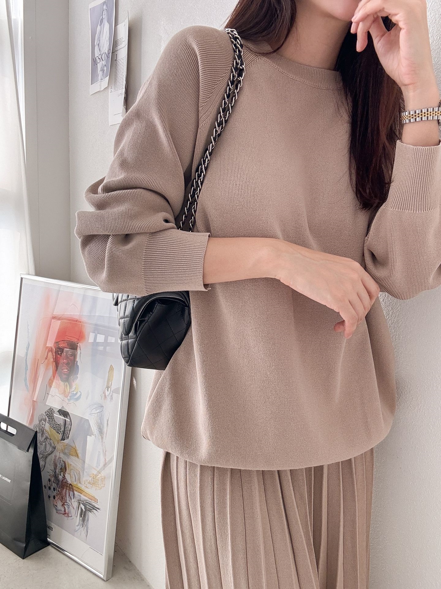 ラウンドネックプリーツウエストゴムラグランオーバーサイズロングルーズ長袖無地ツーピース(トップス、ボトムス)スカートニット | 詳細画像8