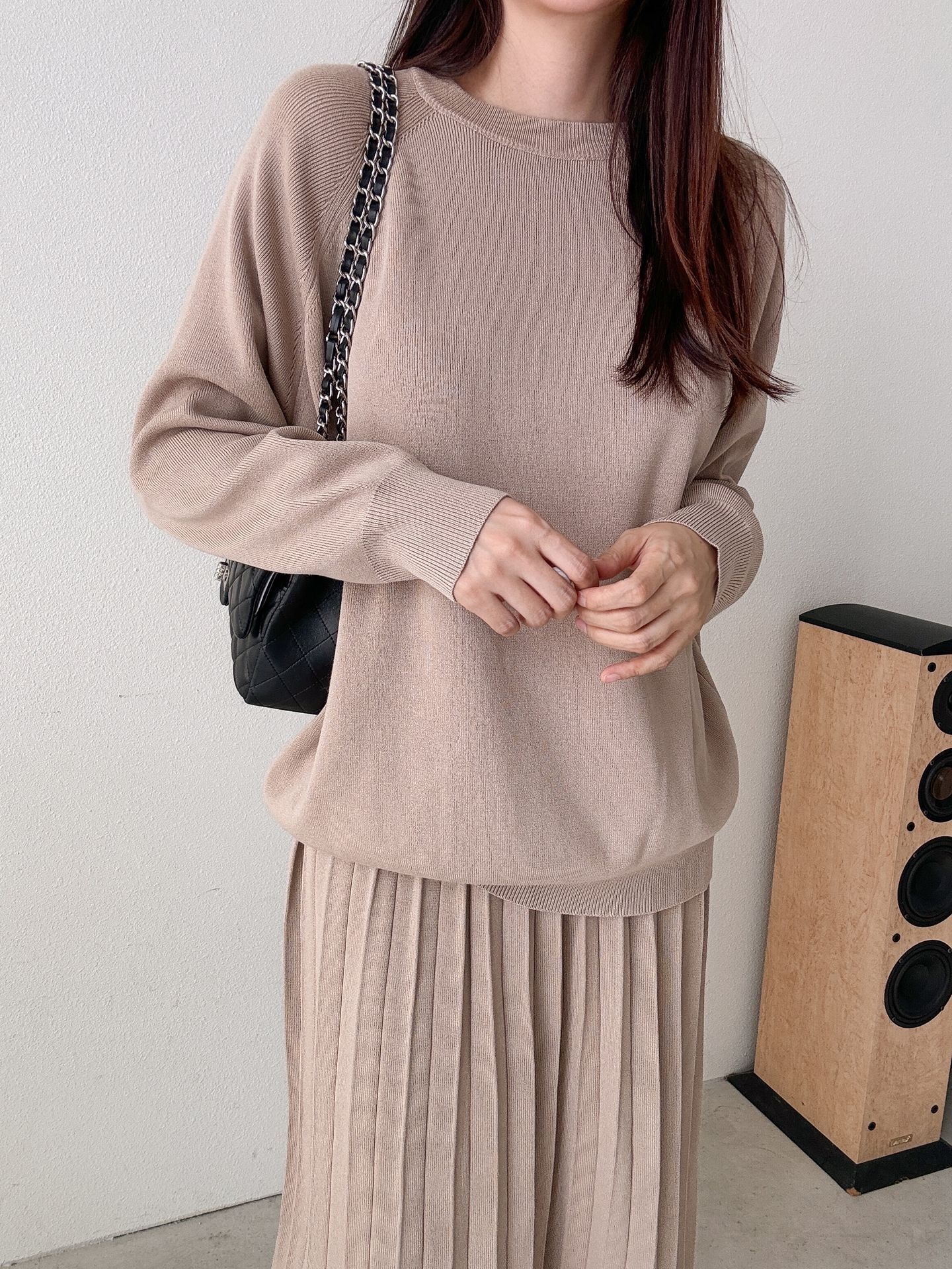 ラウンドネックプリーツウエストゴムラグランオーバーサイズロングルーズ長袖無地ツーピース(トップス、ボトムス)スカートニット | 詳細画像11