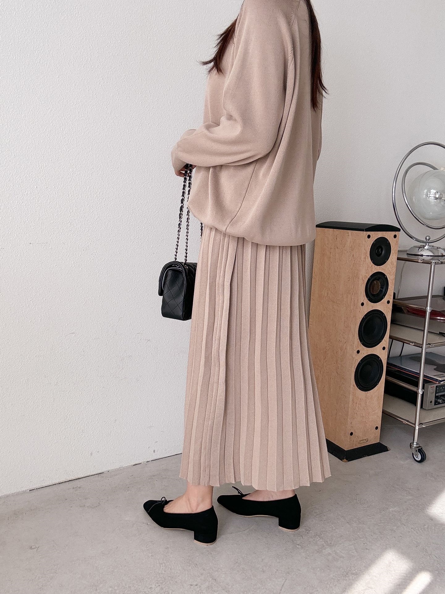 ラウンドネックプリーツウエストゴムラグランオーバーサイズロングルーズ長袖無地ツーピース(トップス、ボトムス)スカートニット | 詳細画像12