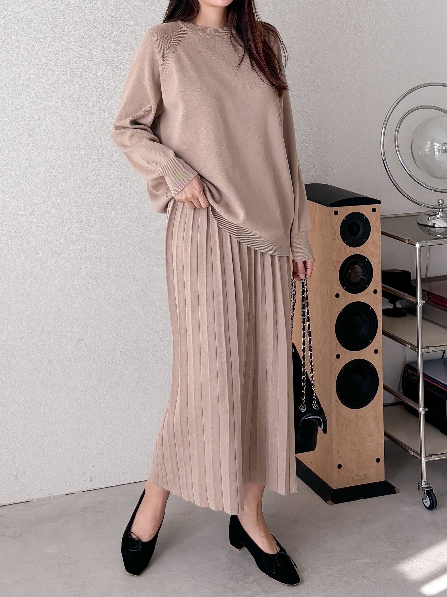 ラウンドネックプリーツウエストゴムラグランオーバーサイズロングルーズ長袖無地ツーピース(トップス、ボトムス)スカートニット | 詳細画像16