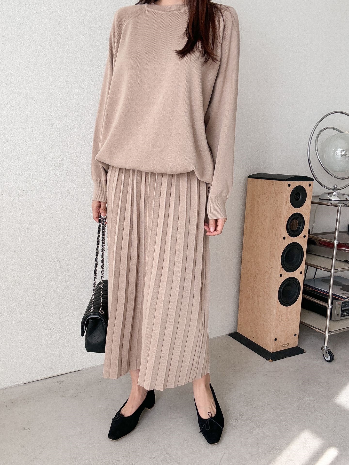 ラウンドネックプリーツウエストゴムラグランオーバーサイズロングルーズ長袖無地ツーピース(トップス、ボトムス)スカートニット | 詳細画像17