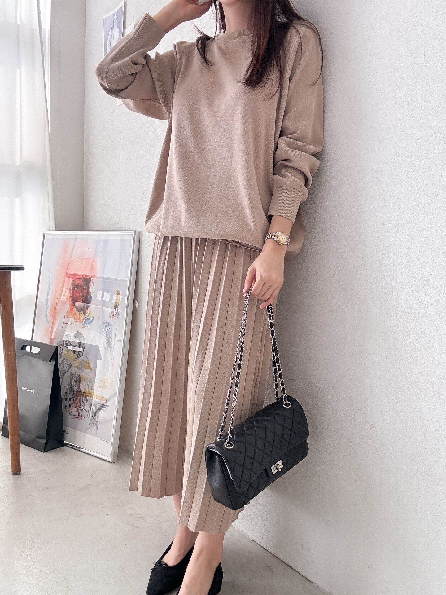 ラウンドネックプリーツウエストゴムラグランオーバーサイズロングルーズ長袖無地ツーピース(トップス、ボトムス)スカートニット | 詳細画像18