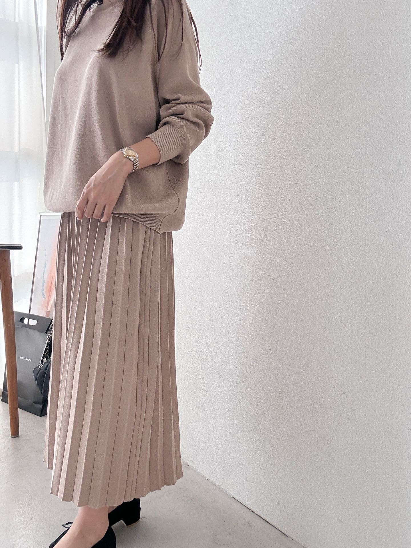 ラウンドネックプリーツウエストゴムラグランオーバーサイズロングルーズ長袖無地ツーピース(トップス、ボトムス)スカートニット | 詳細画像20