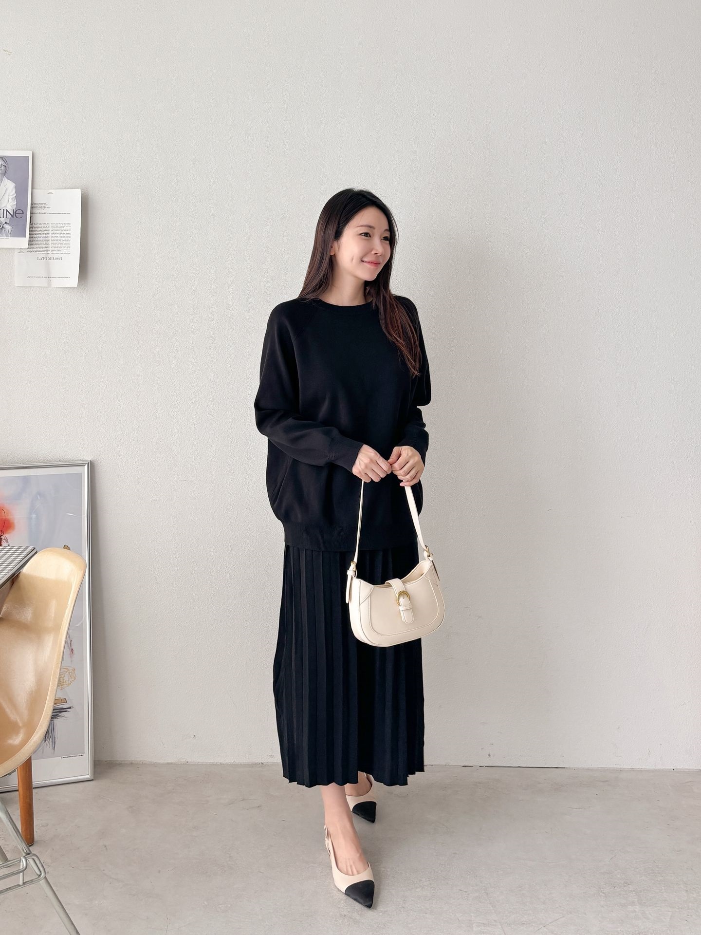 ラウンドネックプリーツウエストゴムラグランオーバーサイズロングルーズ長袖無地ツーピース(トップス、ボトムス)スカートニット | 詳細画像22