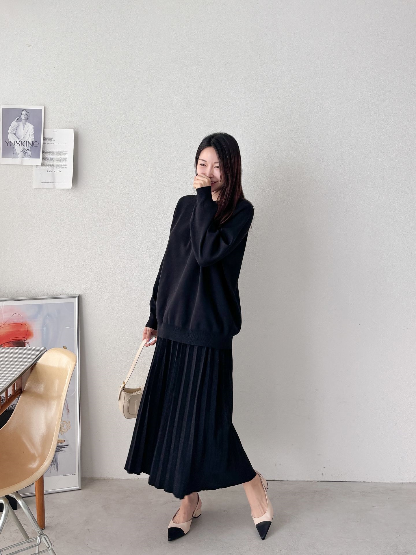 ラウンドネックプリーツウエストゴムラグランオーバーサイズロングルーズ長袖無地ツーピース(トップス、ボトムス)スカートニット | 詳細画像23