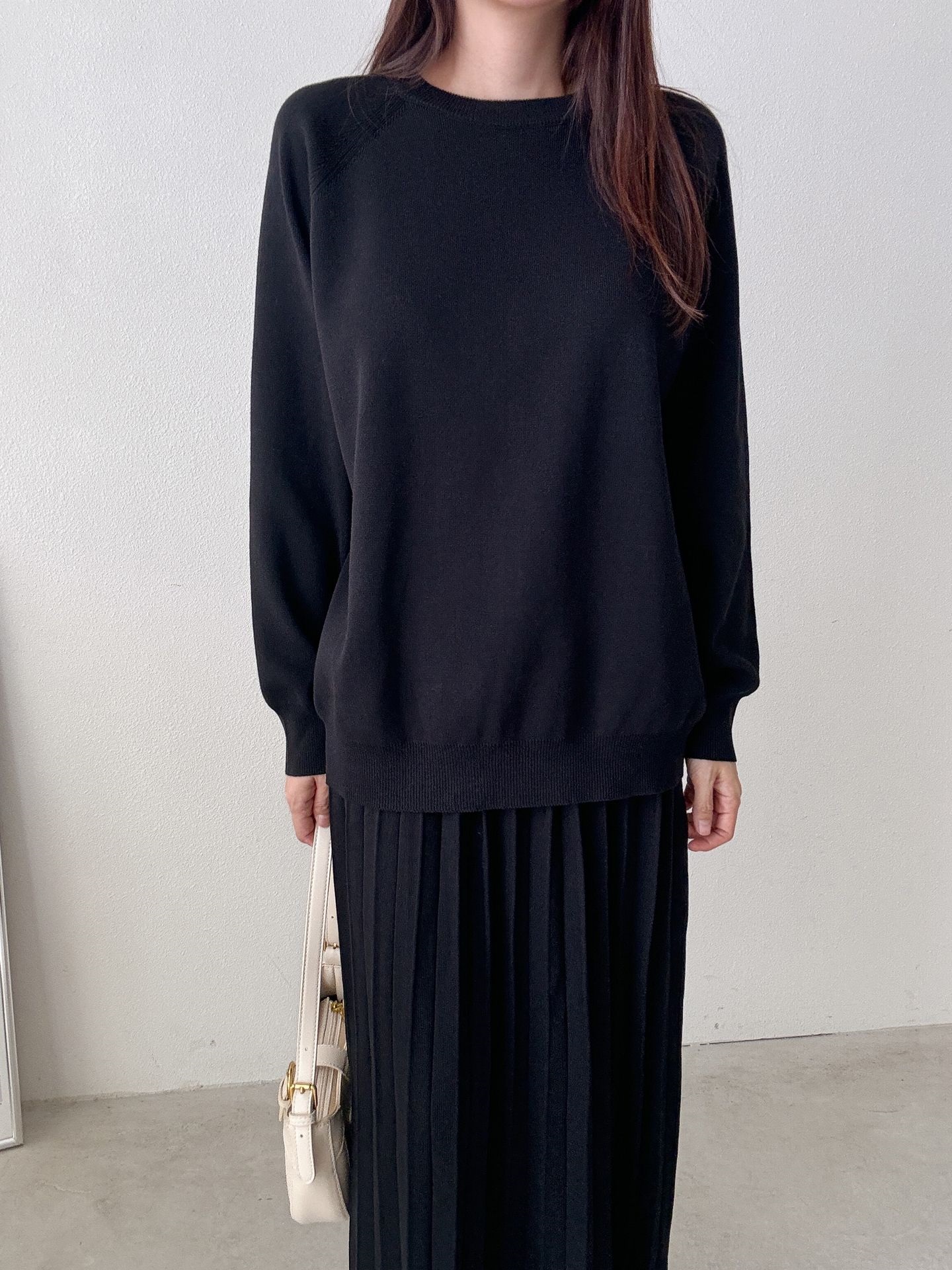 ラウンドネックプリーツウエストゴムラグランオーバーサイズロングルーズ長袖無地ツーピース(トップス、ボトムス)スカートニット | 詳細画像24