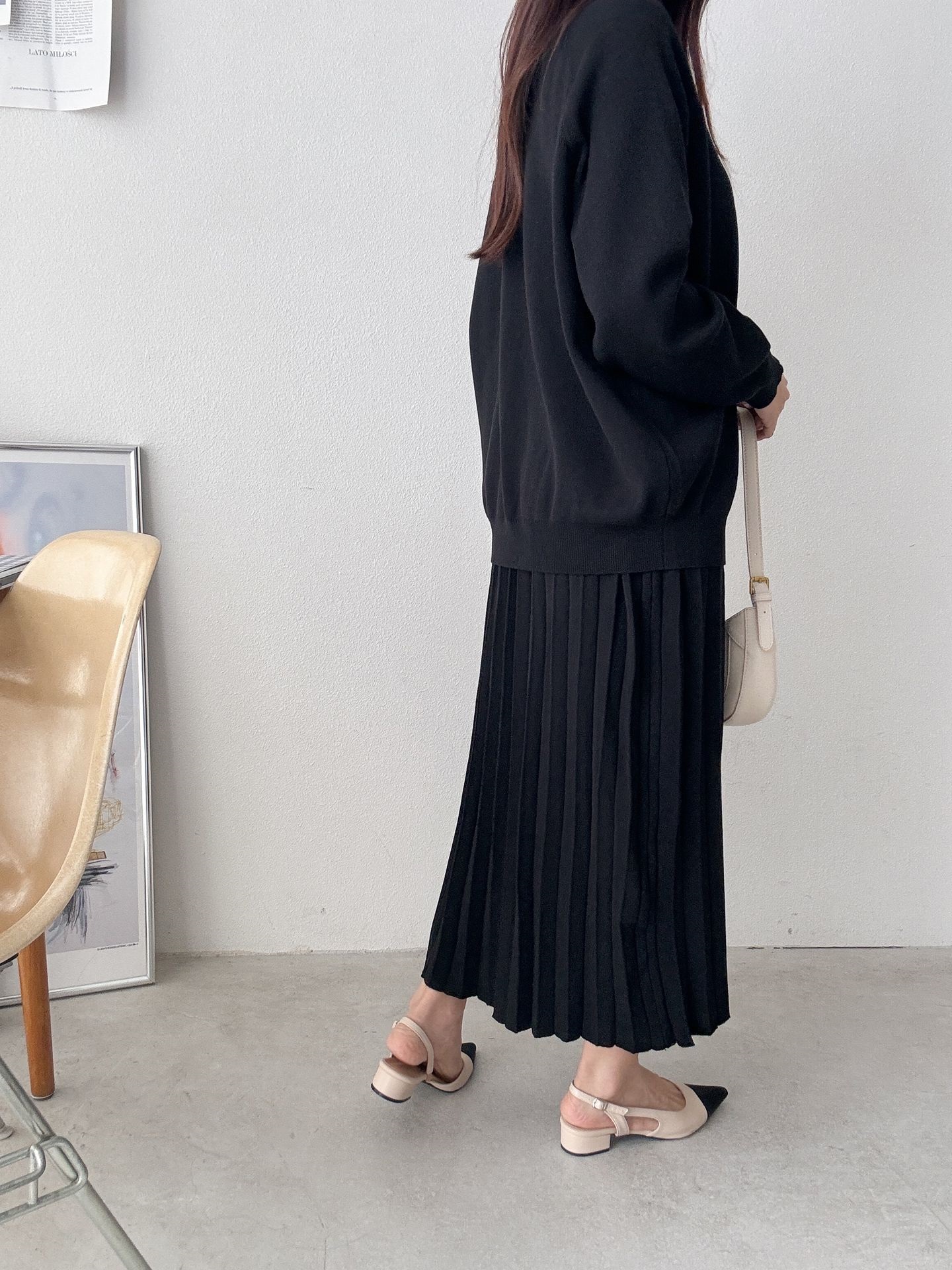 ラウンドネックプリーツウエストゴムラグランオーバーサイズロングルーズ長袖無地ツーピース(トップス、ボトムス)スカートニット | 詳細画像26