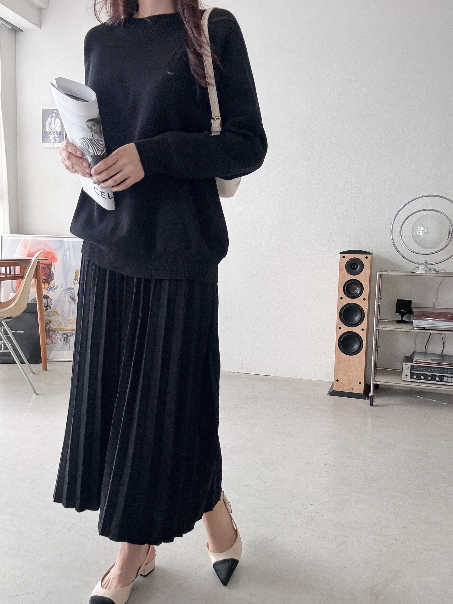 ラウンドネックプリーツウエストゴムラグランオーバーサイズロングルーズ長袖無地ツーピース(トップス、ボトムス)スカートニット | 詳細画像27