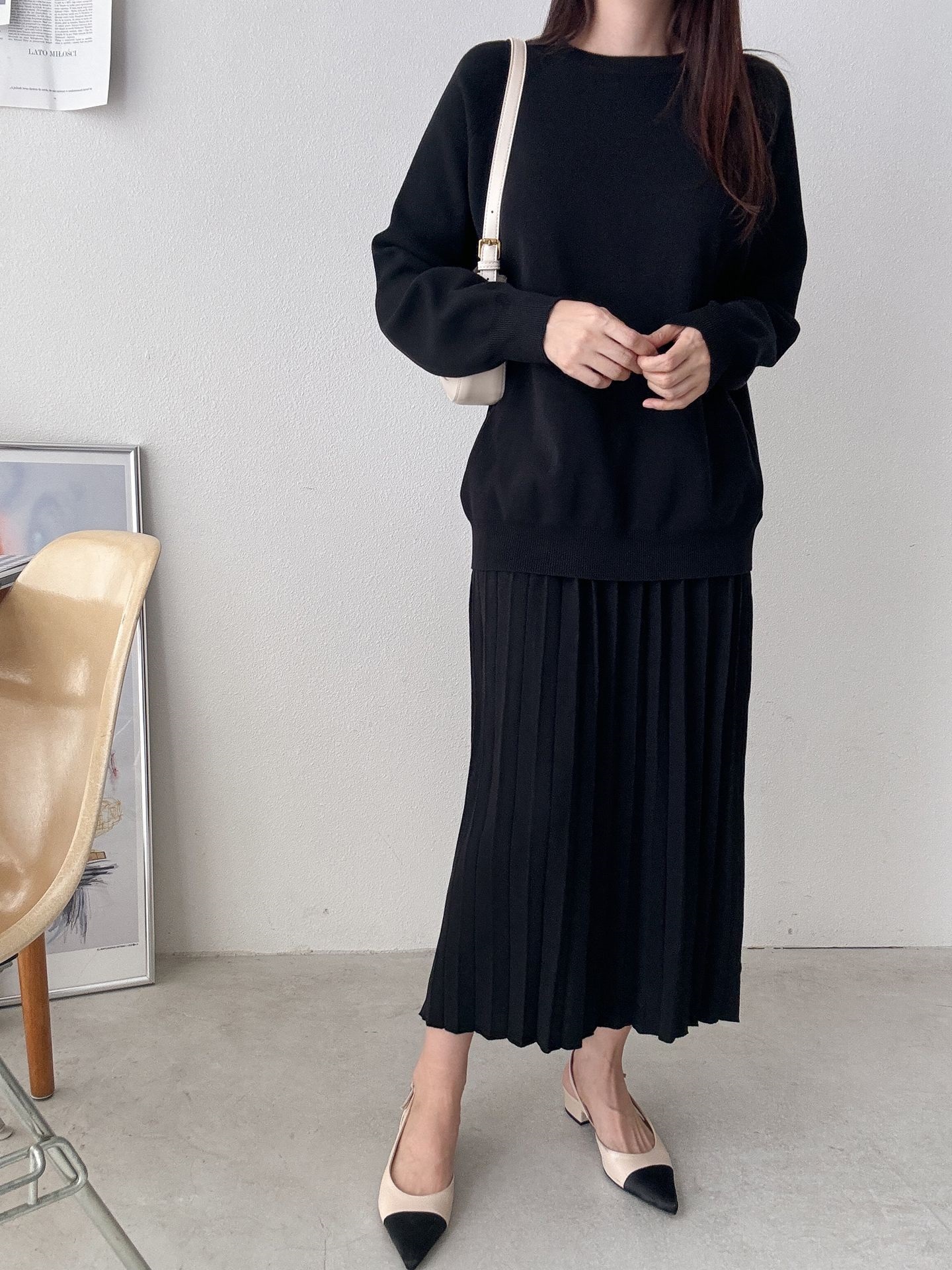 ラウンドネックプリーツウエストゴムラグランオーバーサイズロングルーズ長袖無地ツーピース(トップス、ボトムス)スカートニット | 詳細画像31