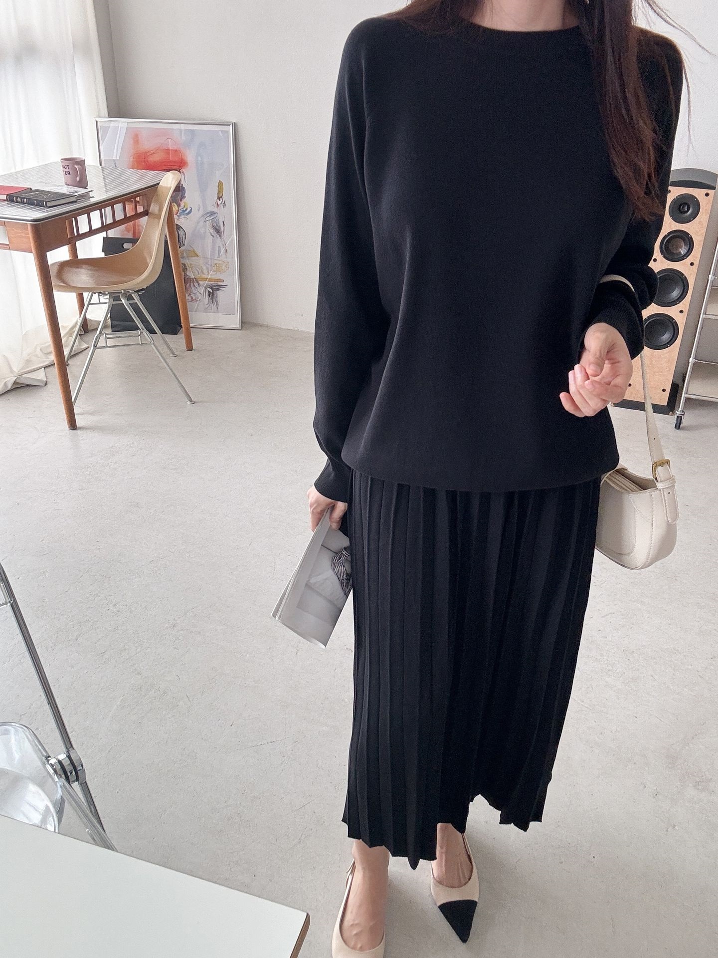 ラウンドネックプリーツウエストゴムラグランオーバーサイズロングルーズ長袖無地ツーピース(トップス、ボトムス)スカートニット | 詳細画像28