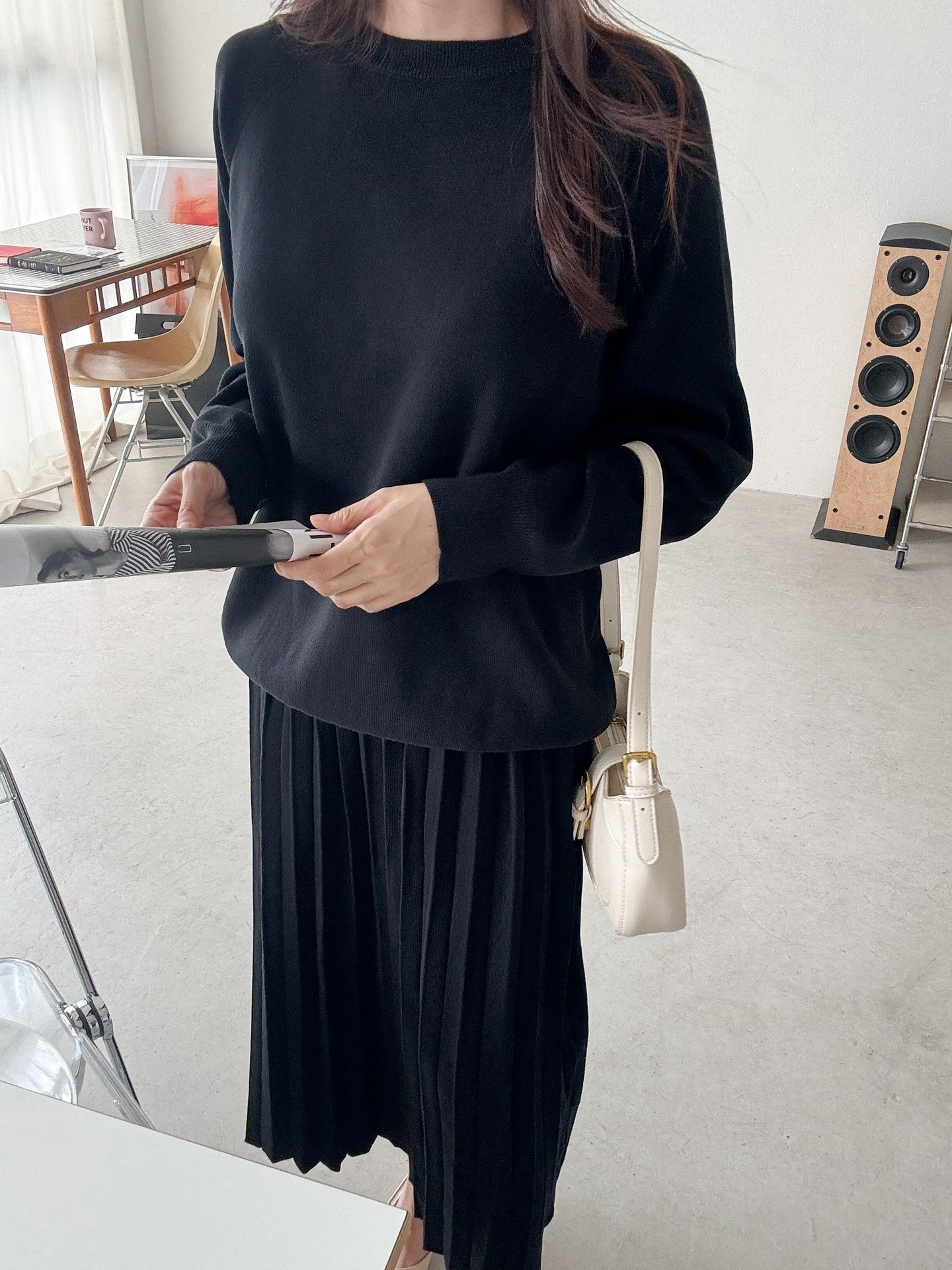 ラウンドネックプリーツウエストゴムラグランオーバーサイズロングルーズ長袖無地ツーピース(トップス、ボトムス)スカートニット | 詳細画像29