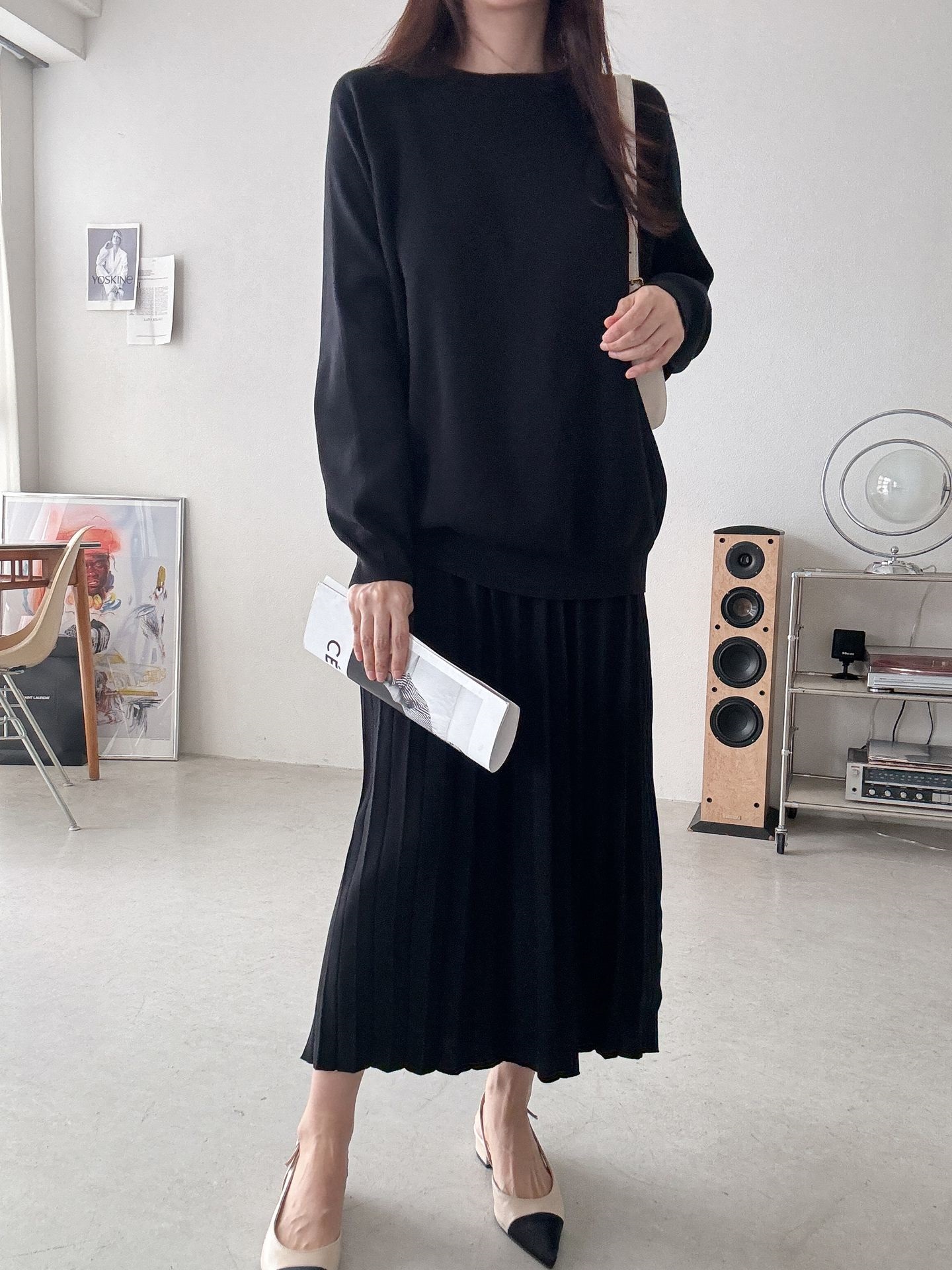 ラウンドネックプリーツウエストゴムラグランオーバーサイズロングルーズ長袖無地ツーピース(トップス、ボトムス)スカートニット | 詳細画像25