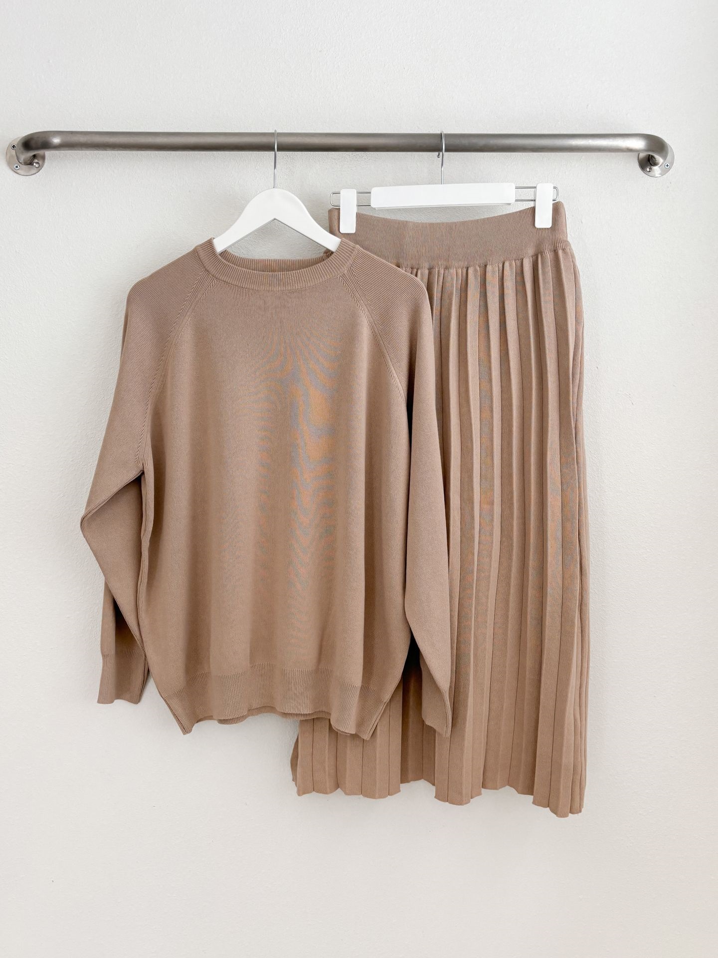 ラウンドネックプリーツウエストゴムラグランオーバーサイズロングルーズ長袖無地ツーピース(トップス、ボトムス)スカートニット | 詳細画像34