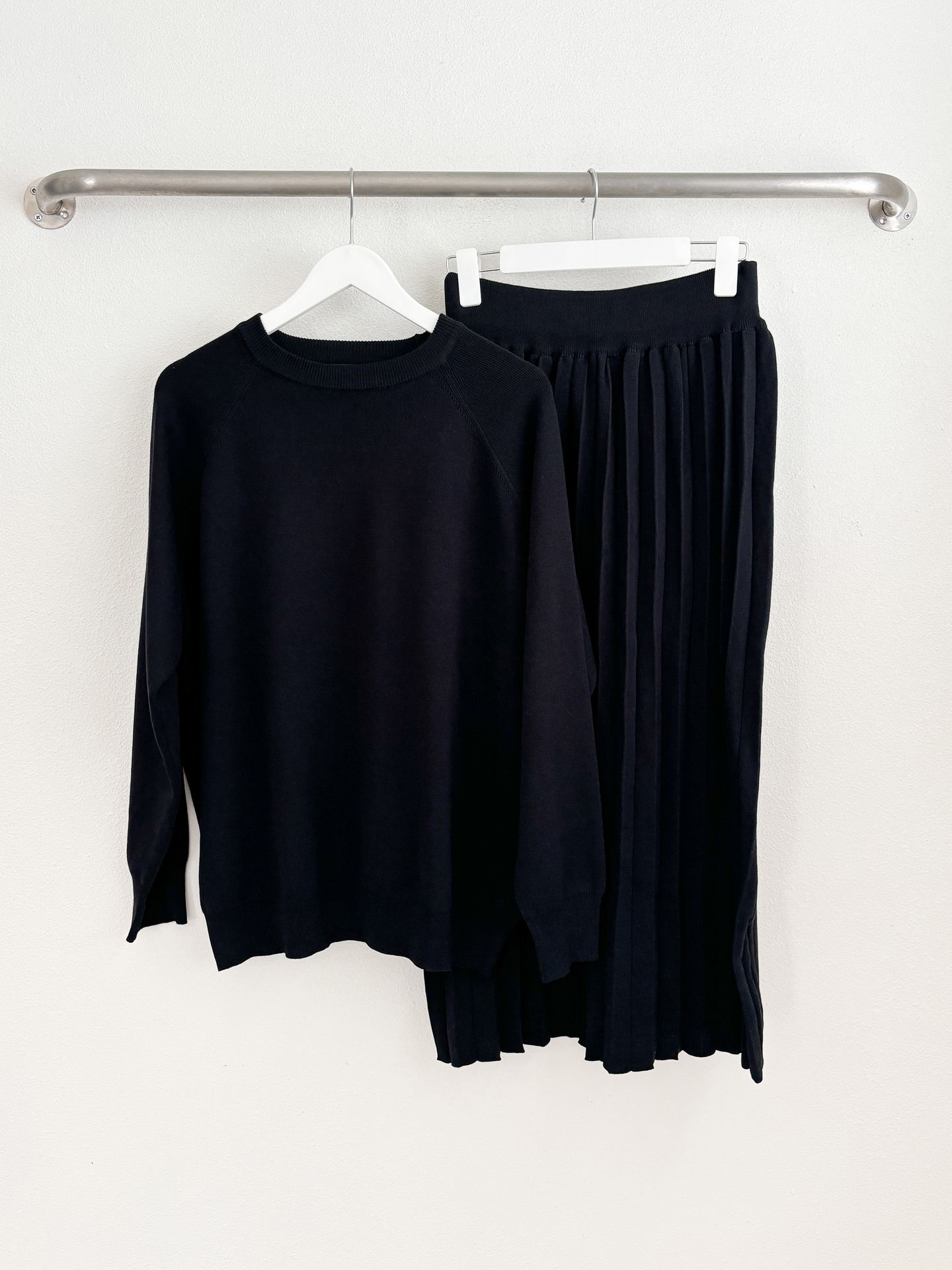 ラウンドネックプリーツウエストゴムラグランオーバーサイズロングルーズ長袖無地ツーピース(トップス、ボトムス)スカートニット | 詳細画像35