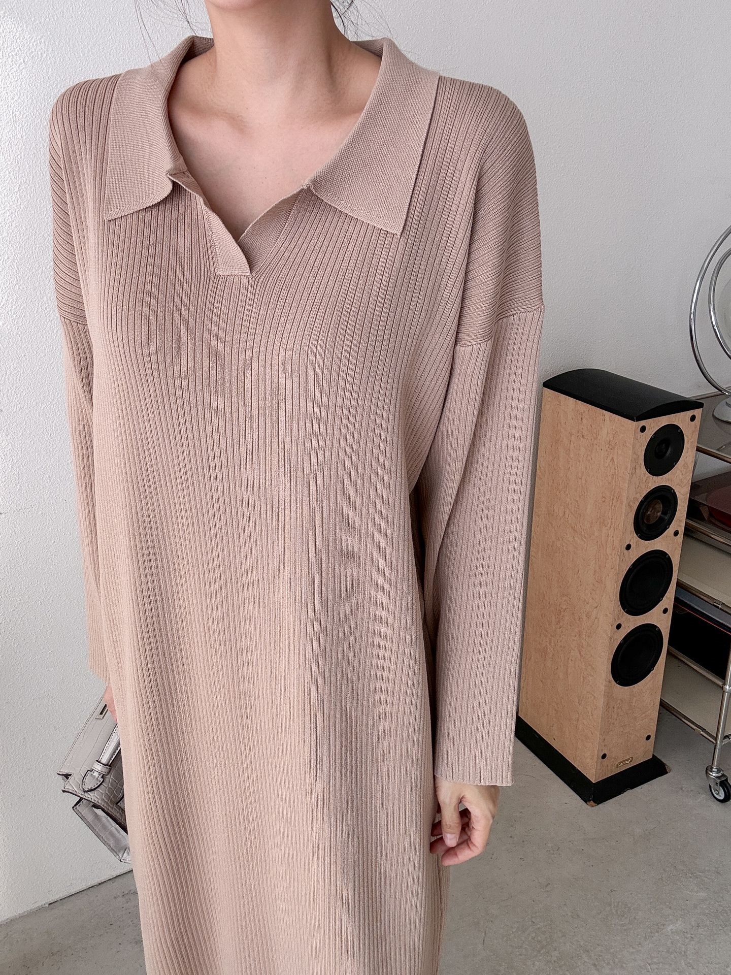 リブカラースリットルーズ長袖Hライン(ロング丈)ドロップショルダー無地ワンピース | 詳細画像10