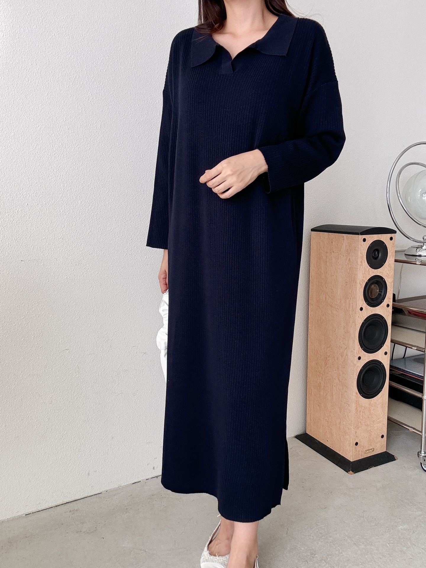 リブカラースリットルーズ長袖Hライン(ロング丈)ドロップショルダー無地ワンピース | 詳細画像21