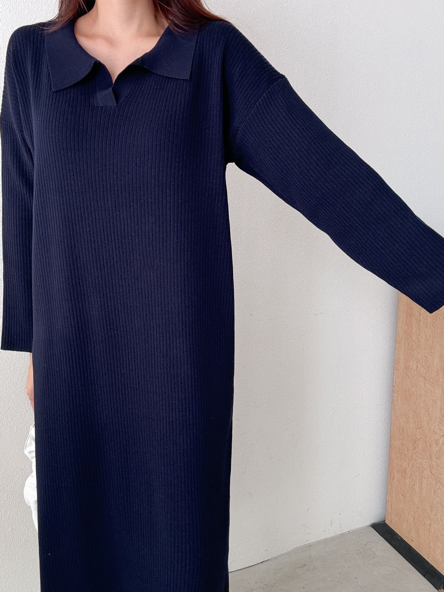 リブカラースリットルーズ長袖Hライン(ロング丈)ドロップショルダー無地ワンピース | 詳細画像22