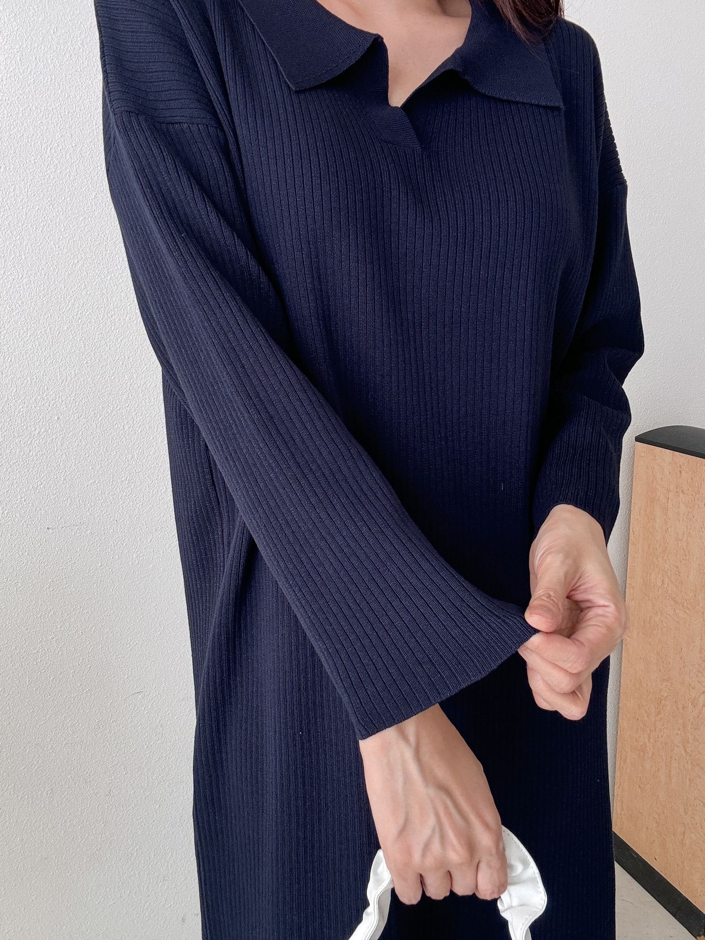 リブカラースリットルーズ長袖Hライン(ロング丈)ドロップショルダー無地ワンピース | 詳細画像23