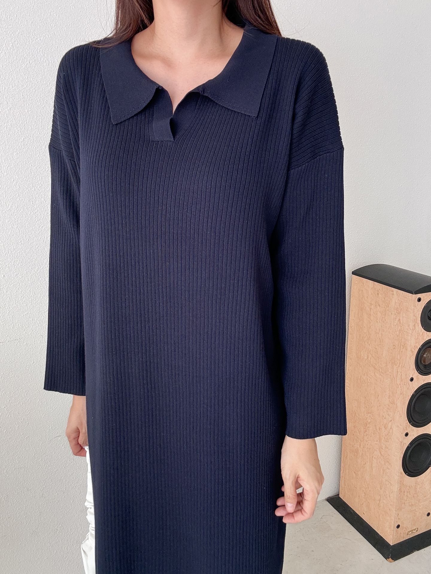 リブカラースリットルーズ長袖Hライン(ロング丈)ドロップショルダー無地ワンピース | 詳細画像24