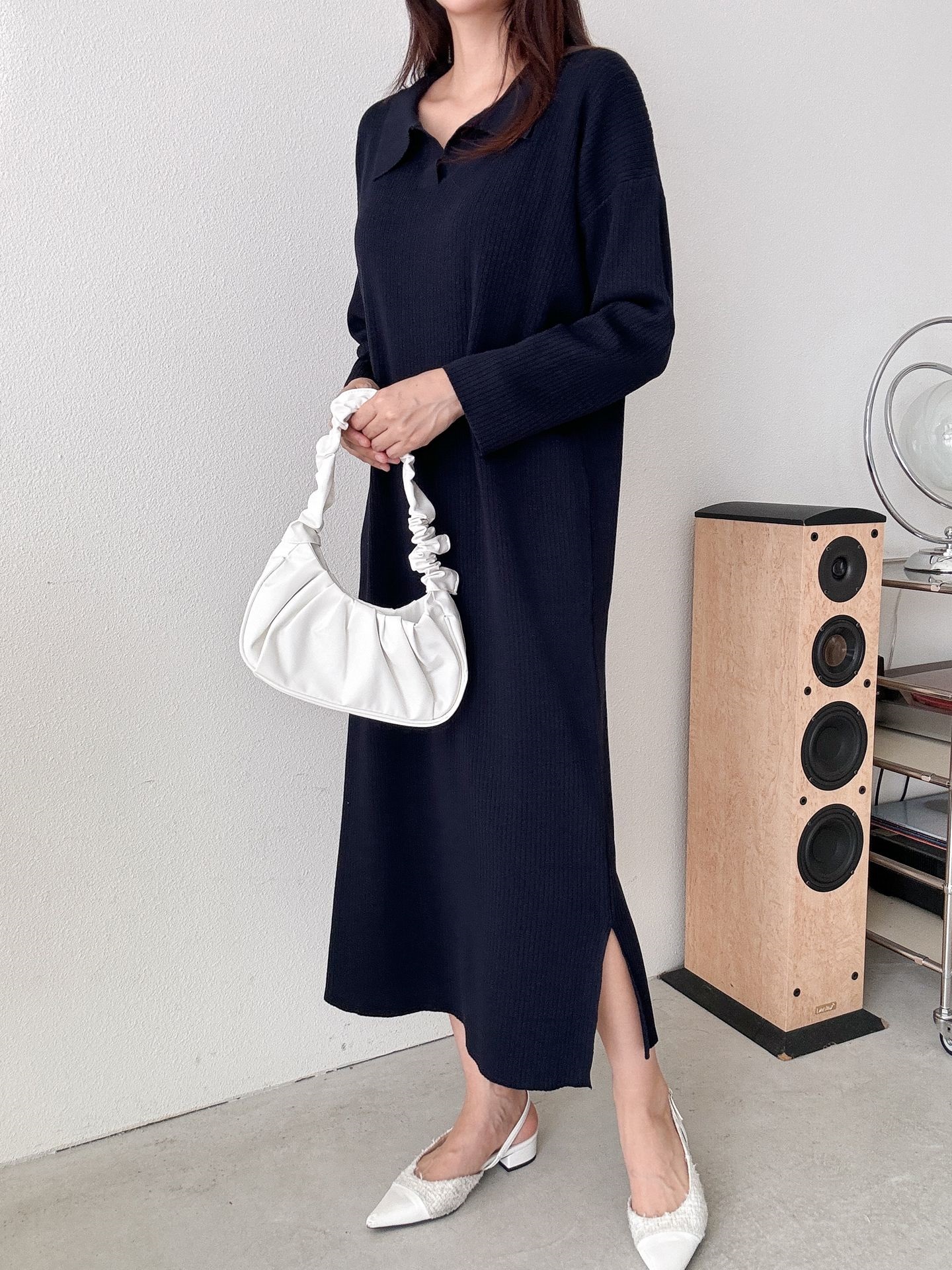 リブカラースリットルーズ長袖Hライン(ロング丈)ドロップショルダー無地ワンピース | 詳細画像25