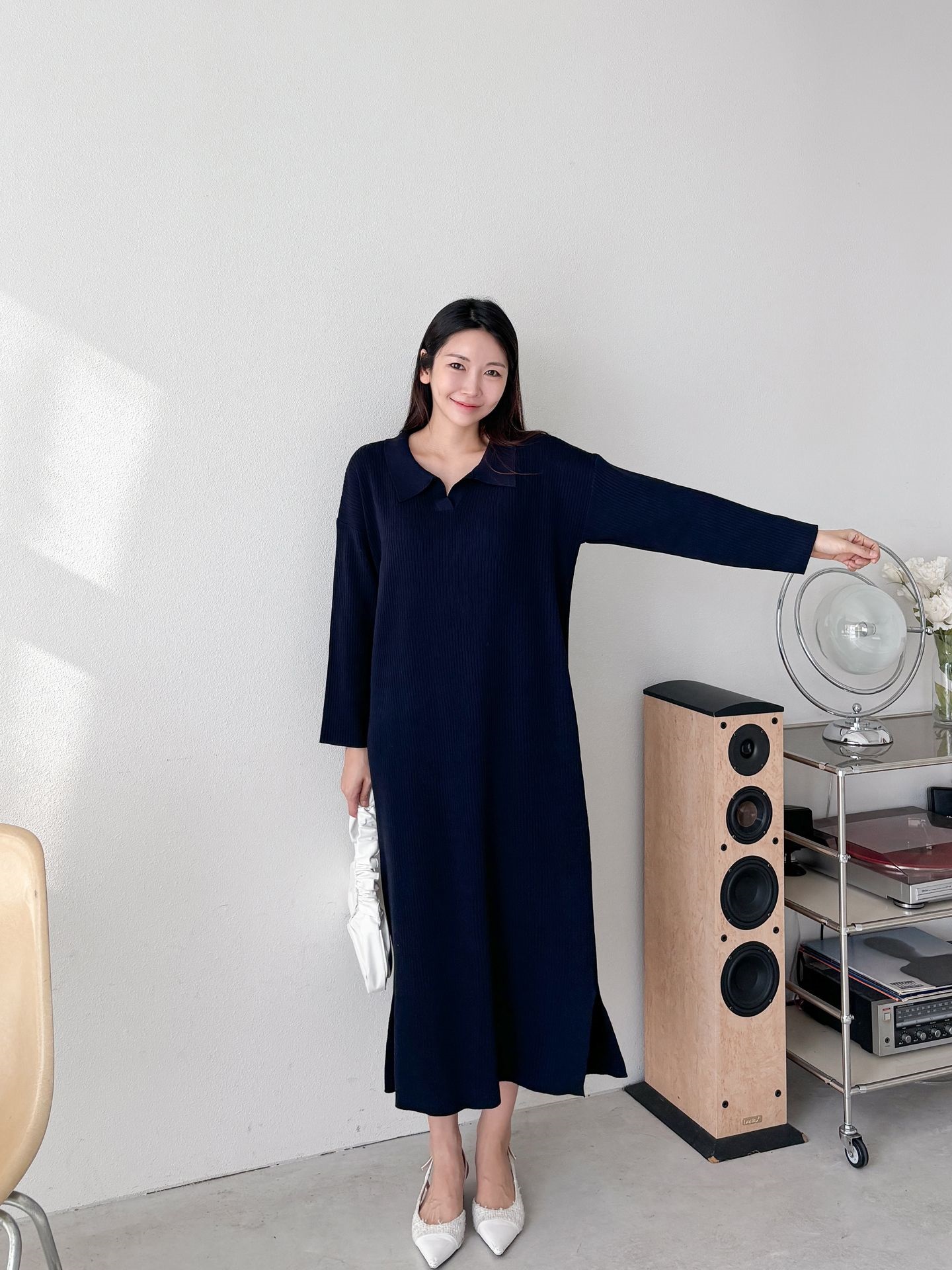 リブカラースリットルーズ長袖Hライン(ロング丈)ドロップショルダー無地ワンピース | 詳細画像26