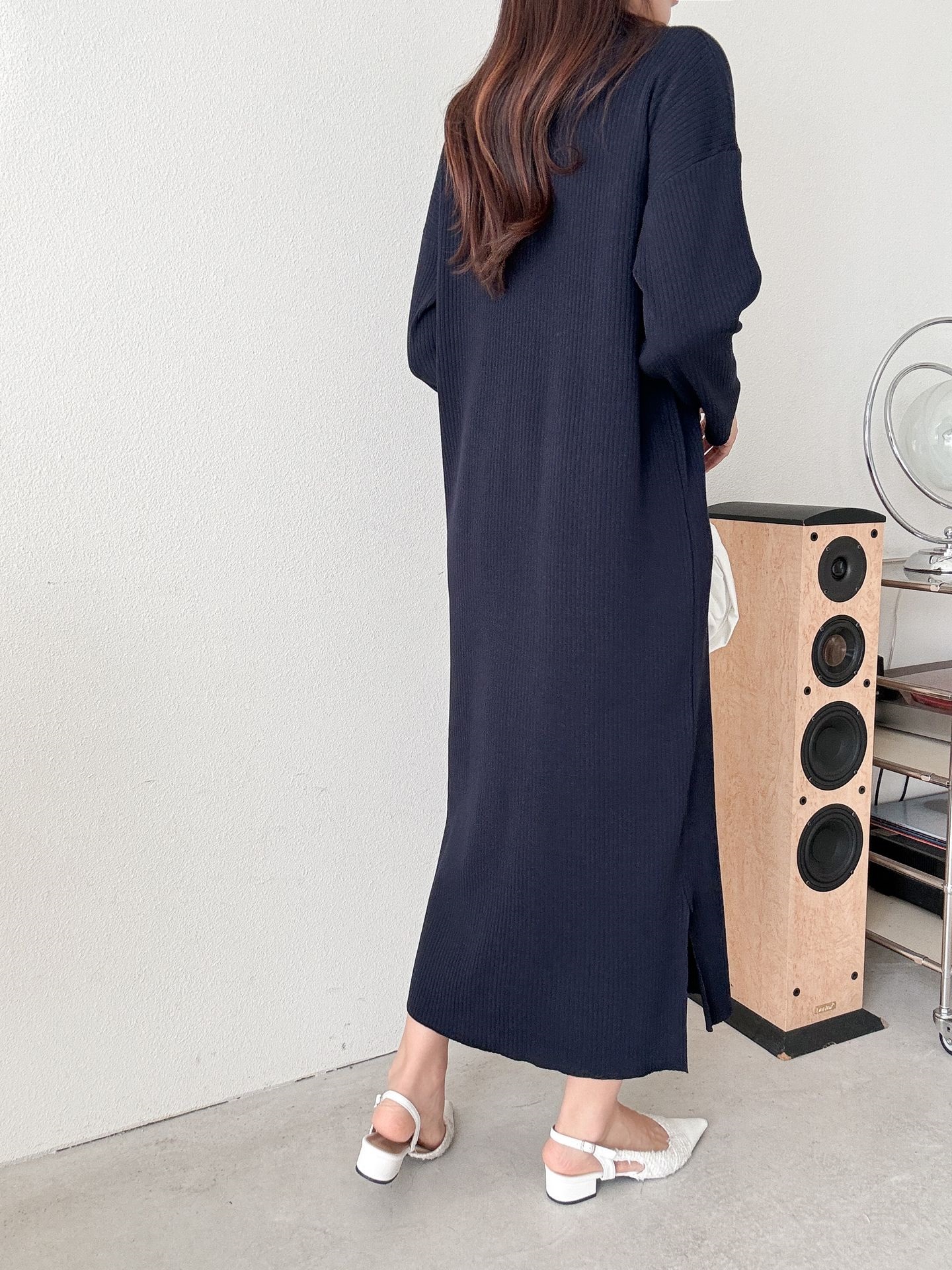 リブカラースリットルーズ長袖Hライン(ロング丈)ドロップショルダー無地ワンピース | 詳細画像27