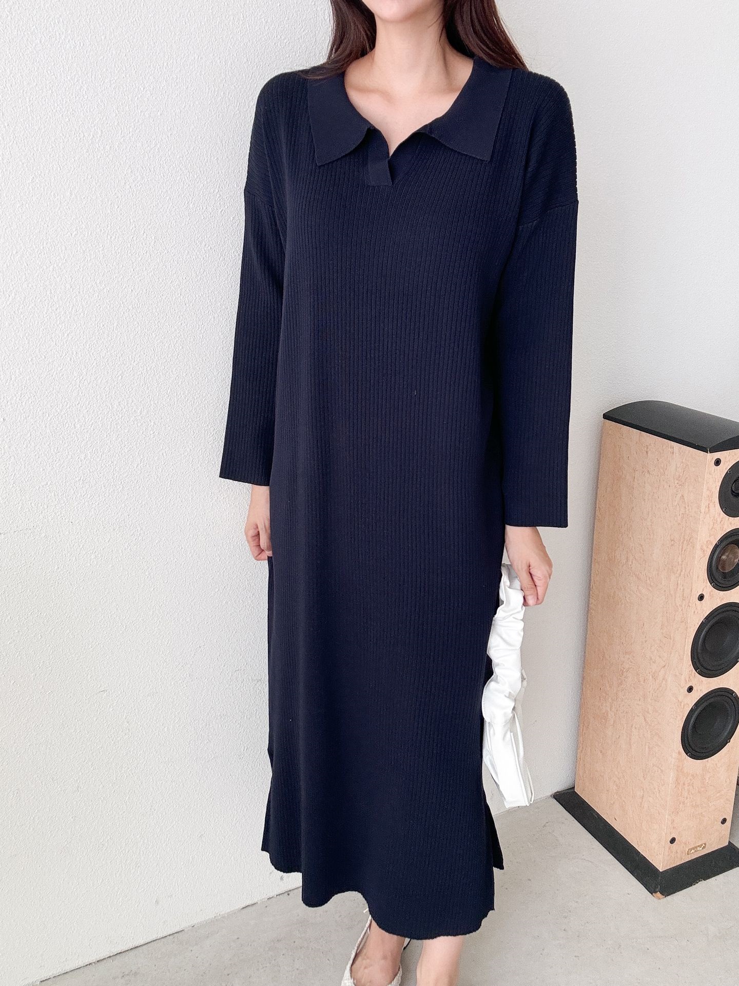 リブカラースリットルーズ長袖Hライン(ロング丈)ドロップショルダー無地ワンピース | 詳細画像29