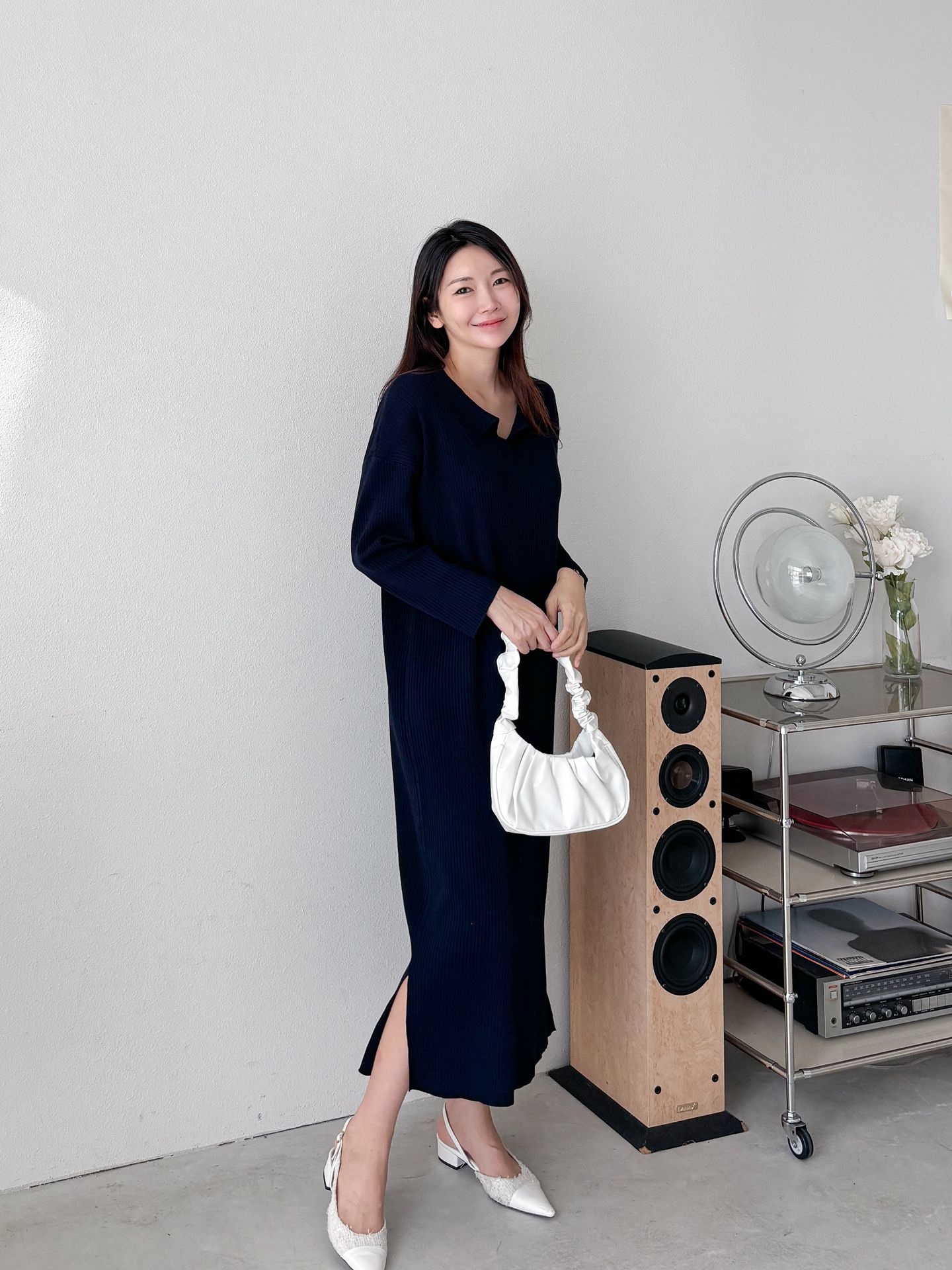 リブカラースリットルーズ長袖Hライン(ロング丈)ドロップショルダー無地ワンピース | 詳細画像28