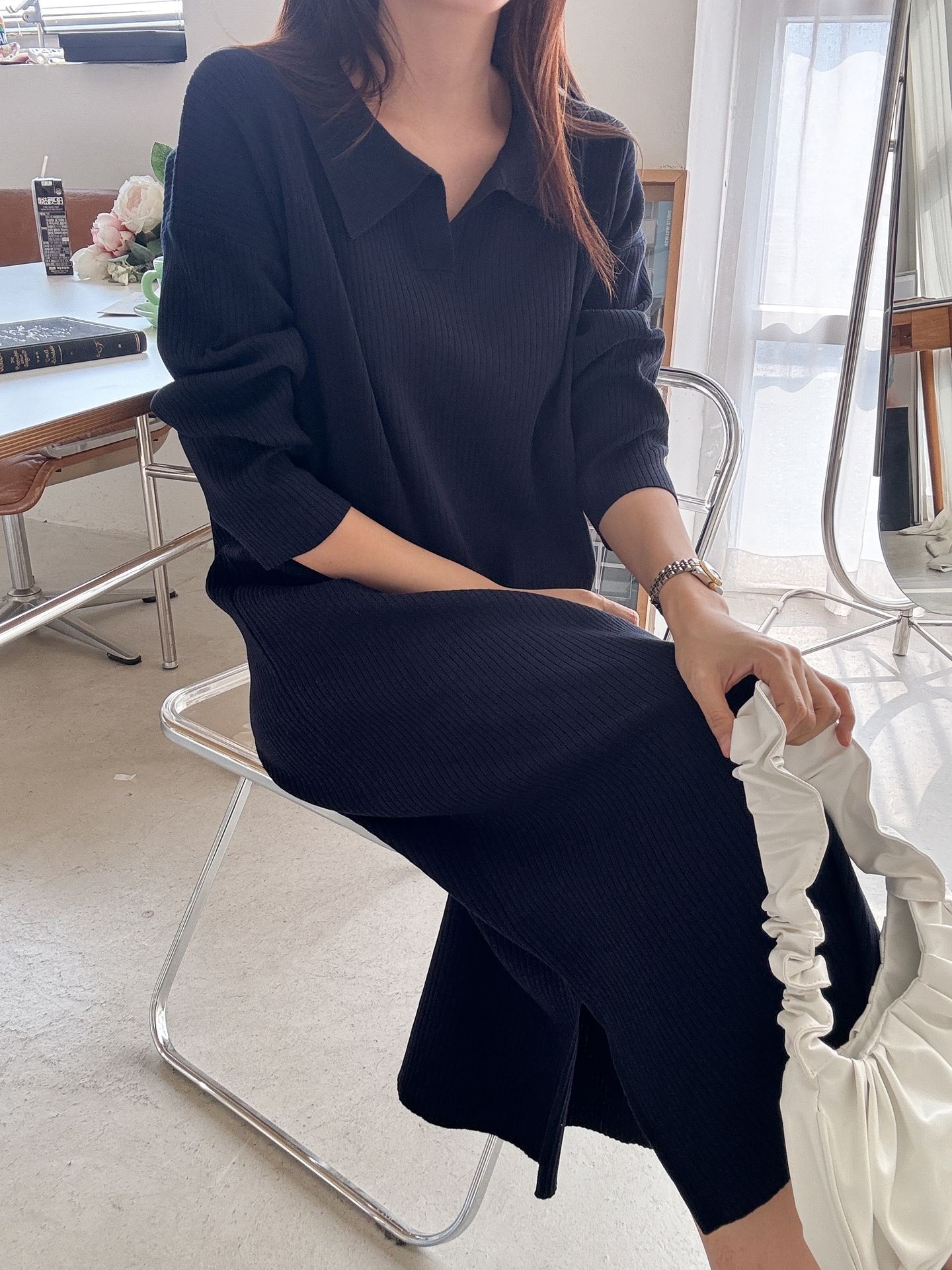 リブカラースリットルーズ長袖Hライン(ロング丈)ドロップショルダー無地ワンピース | 詳細画像30