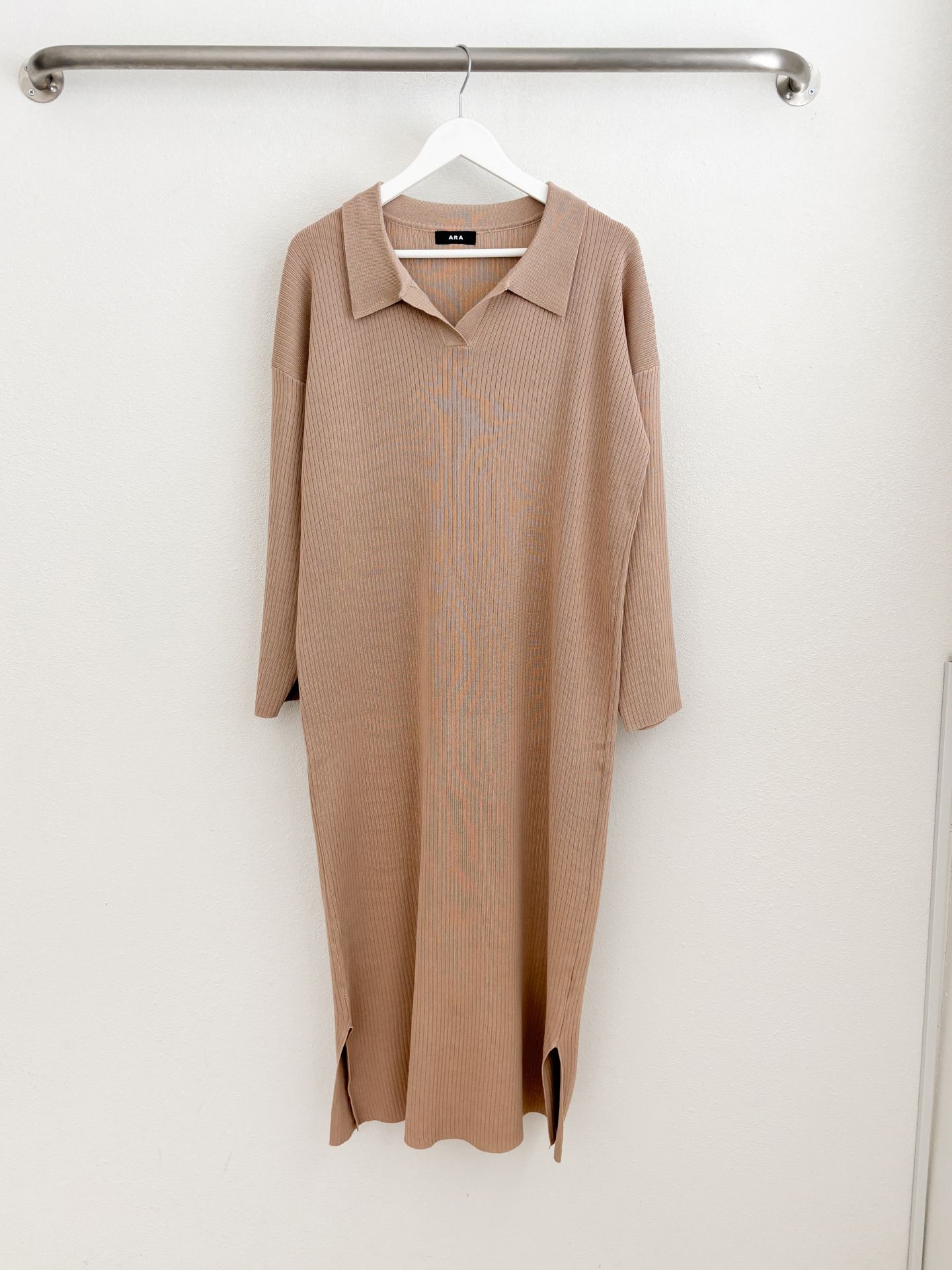 リブカラースリットルーズ長袖Hライン(ロング丈)ドロップショルダー無地ワンピース | 詳細画像35