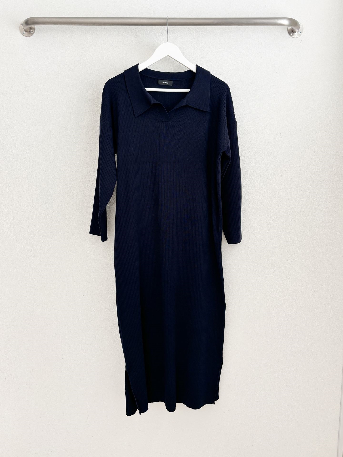 リブカラースリットルーズ長袖Hライン(ロング丈)ドロップショルダー無地ワンピース | 詳細画像36