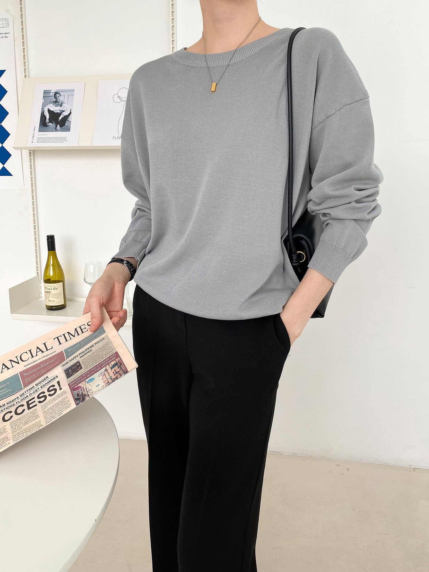 ラウンドネックルーズ長袖ドロップショルダー無地ニット | 詳細画像33