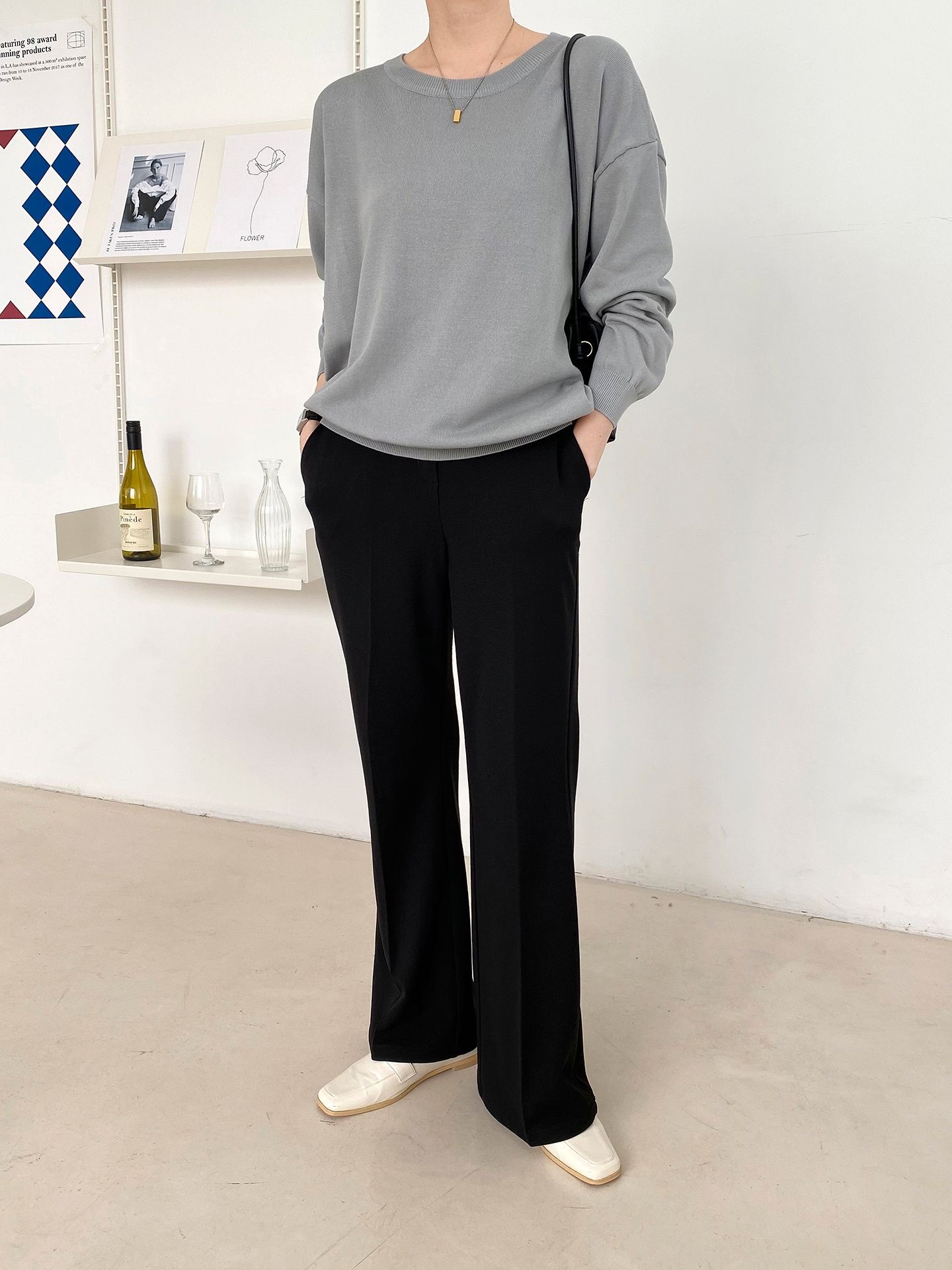 ラウンドネックルーズ長袖ドロップショルダー無地ニット | 詳細画像35