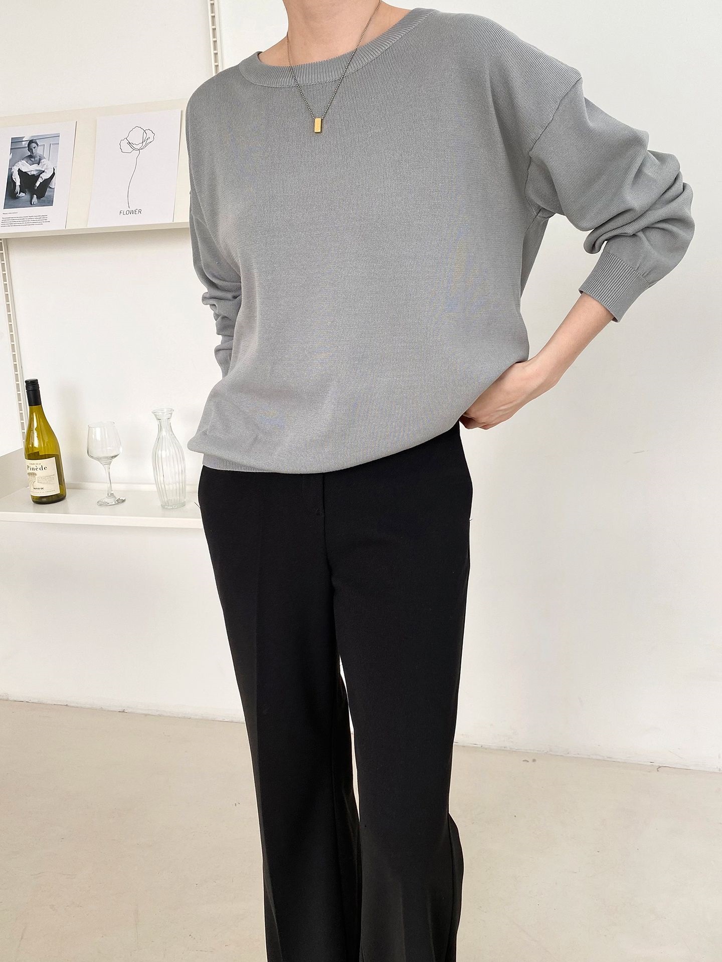 ラウンドネックルーズ長袖ドロップショルダー無地ニット | 詳細画像38