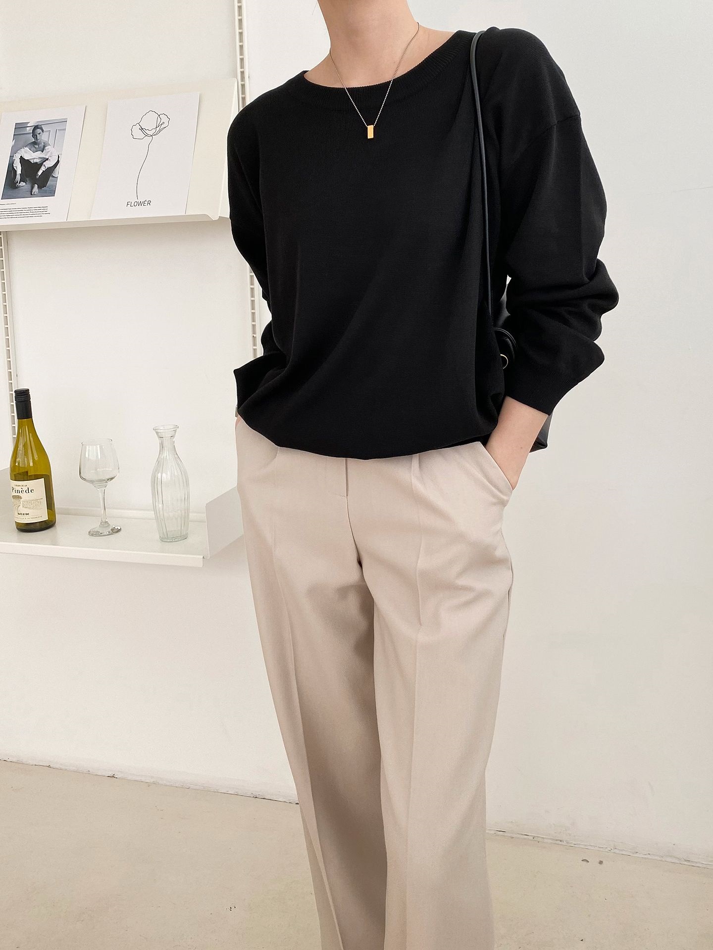 ラウンドネックルーズ長袖ドロップショルダー無地ニット | 詳細画像40