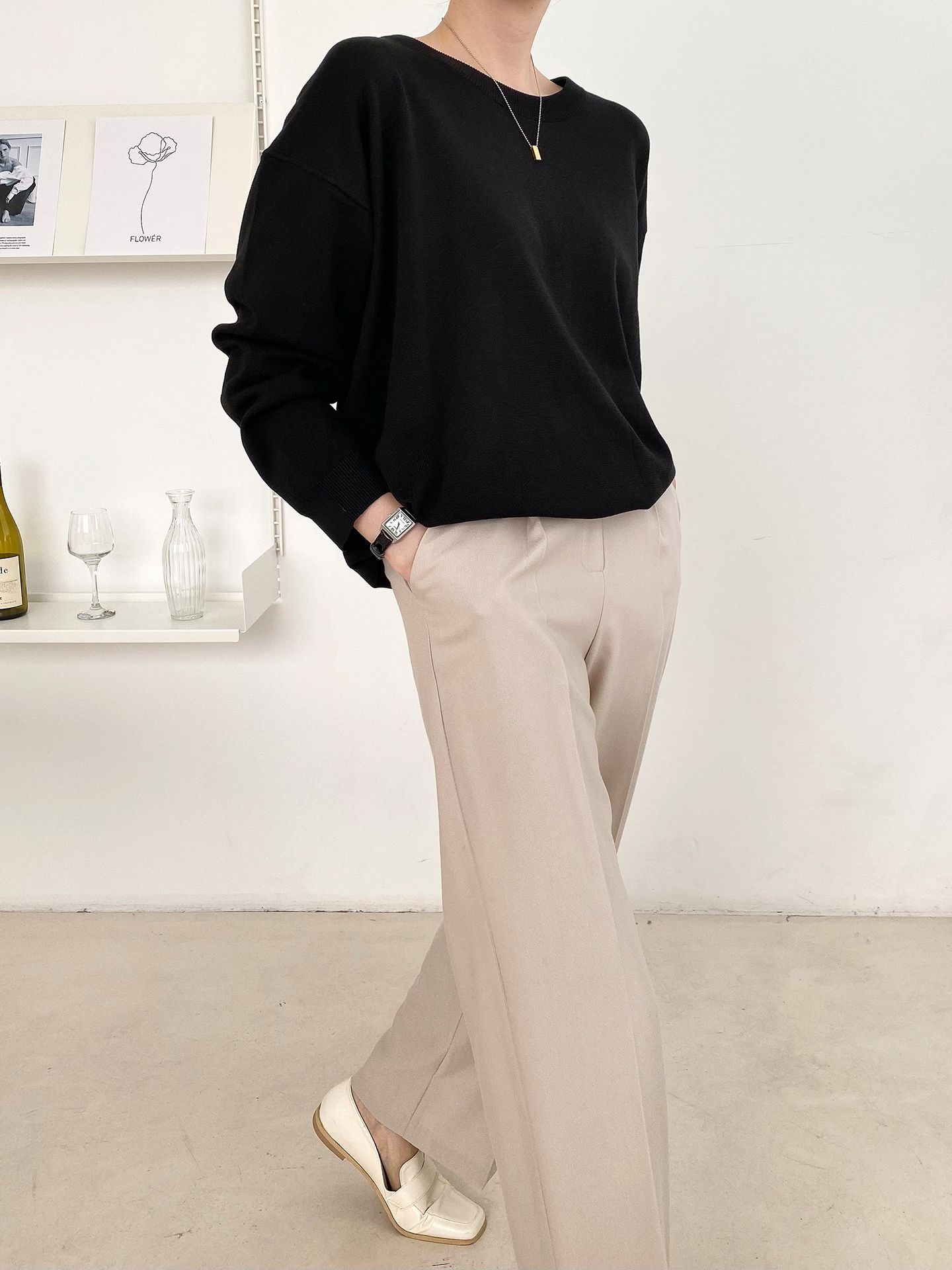 ラウンドネックルーズ長袖ドロップショルダー無地ニット | 詳細画像42