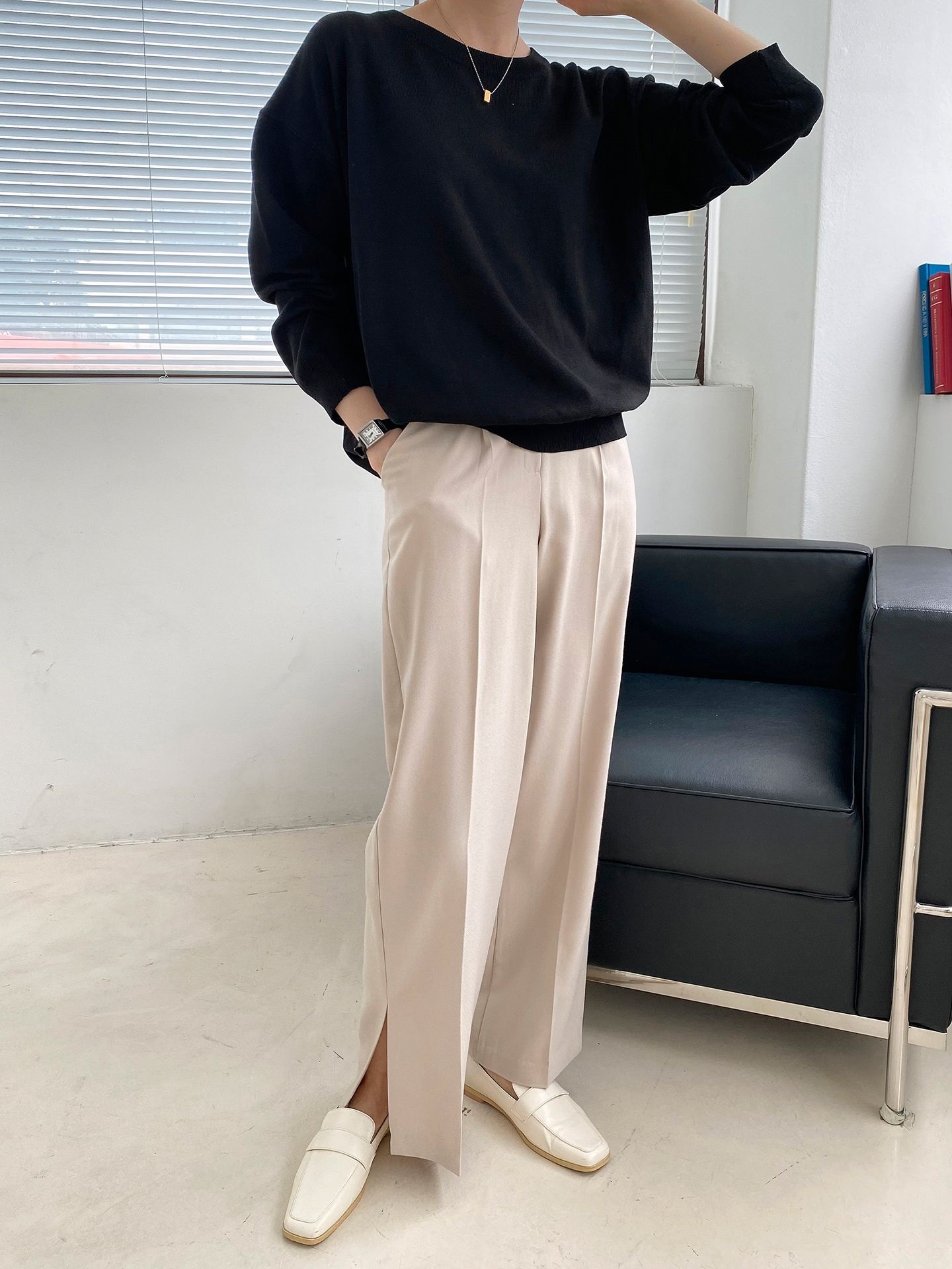 ラウンドネックルーズ長袖ドロップショルダー無地ニット | 詳細画像43