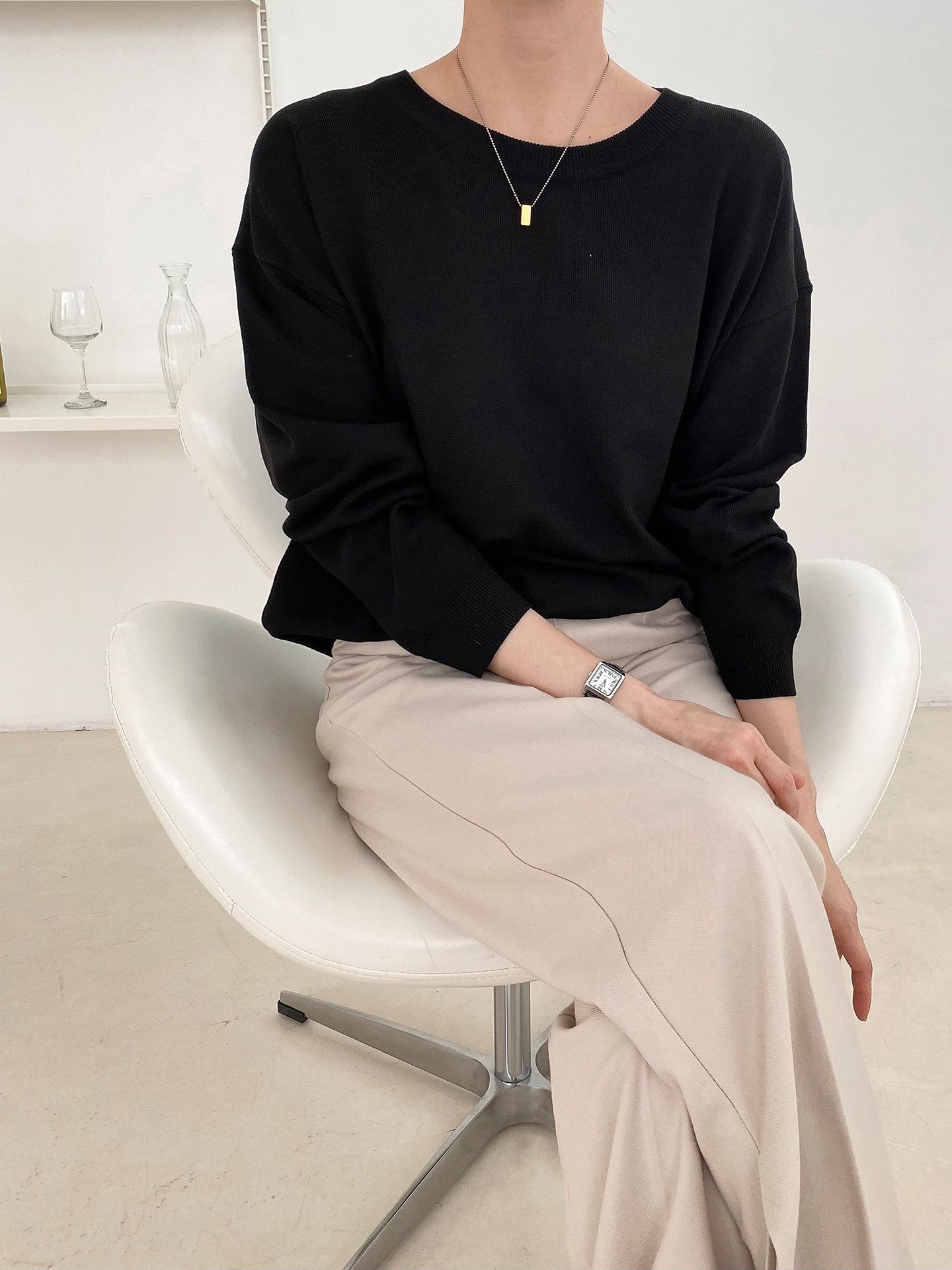 ラウンドネックルーズ長袖ドロップショルダー無地ニット | 詳細画像47